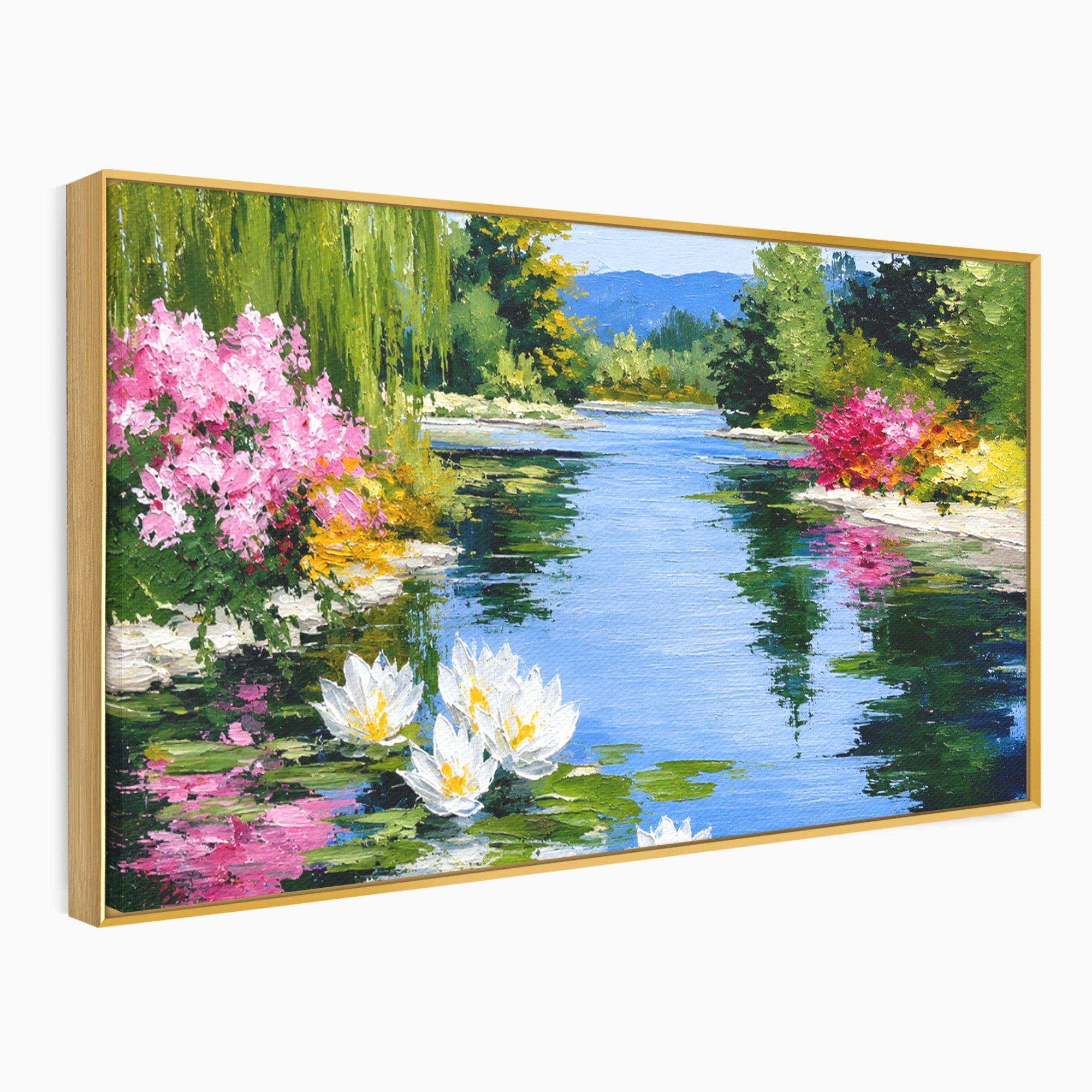Tablou Canvas Premium LuxCanva® A1673, Peisaj De Vara Cu Lac Linistit, Lac, Flori, Peisaj, Natura, Living, Culori Vibrante