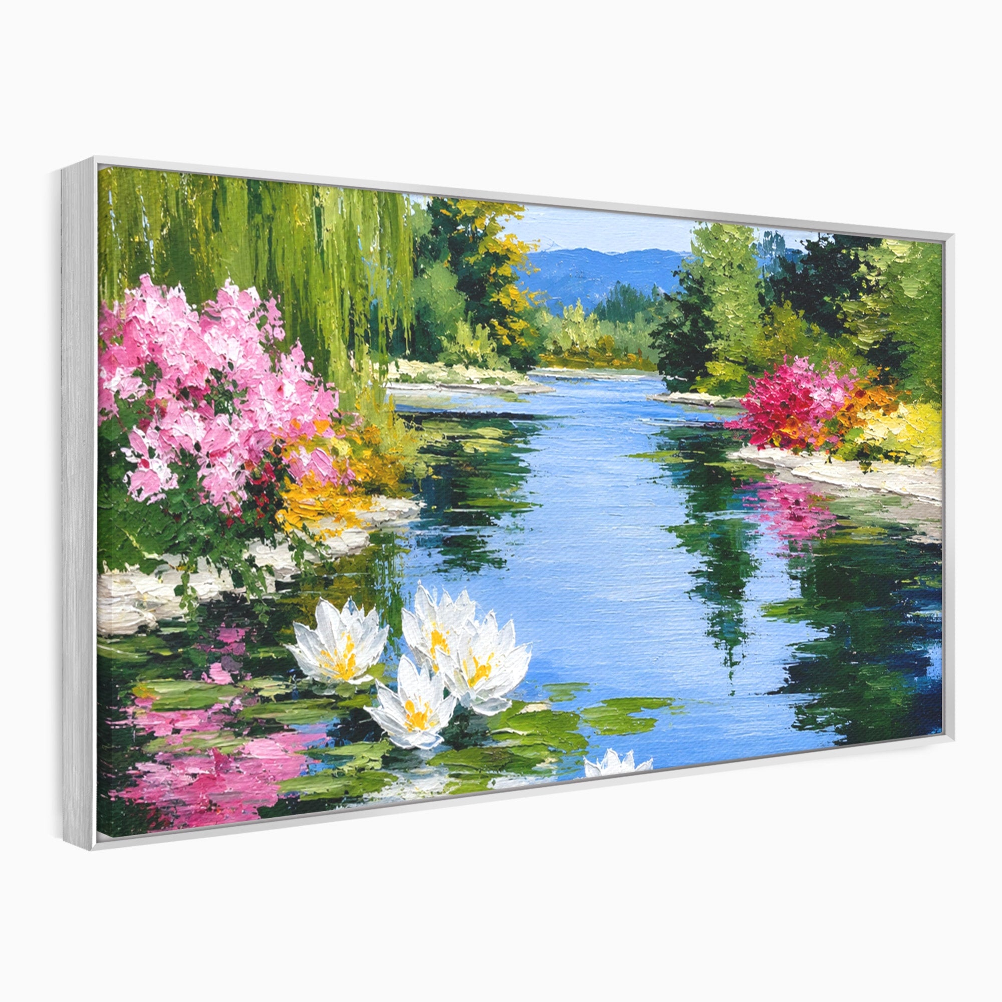 Tablou Canvas Premium LuxCanva® A1673, Peisaj De Vara Cu Lac Linistit, Lac, Flori, Peisaj, Natura, Living, Culori Vibrante