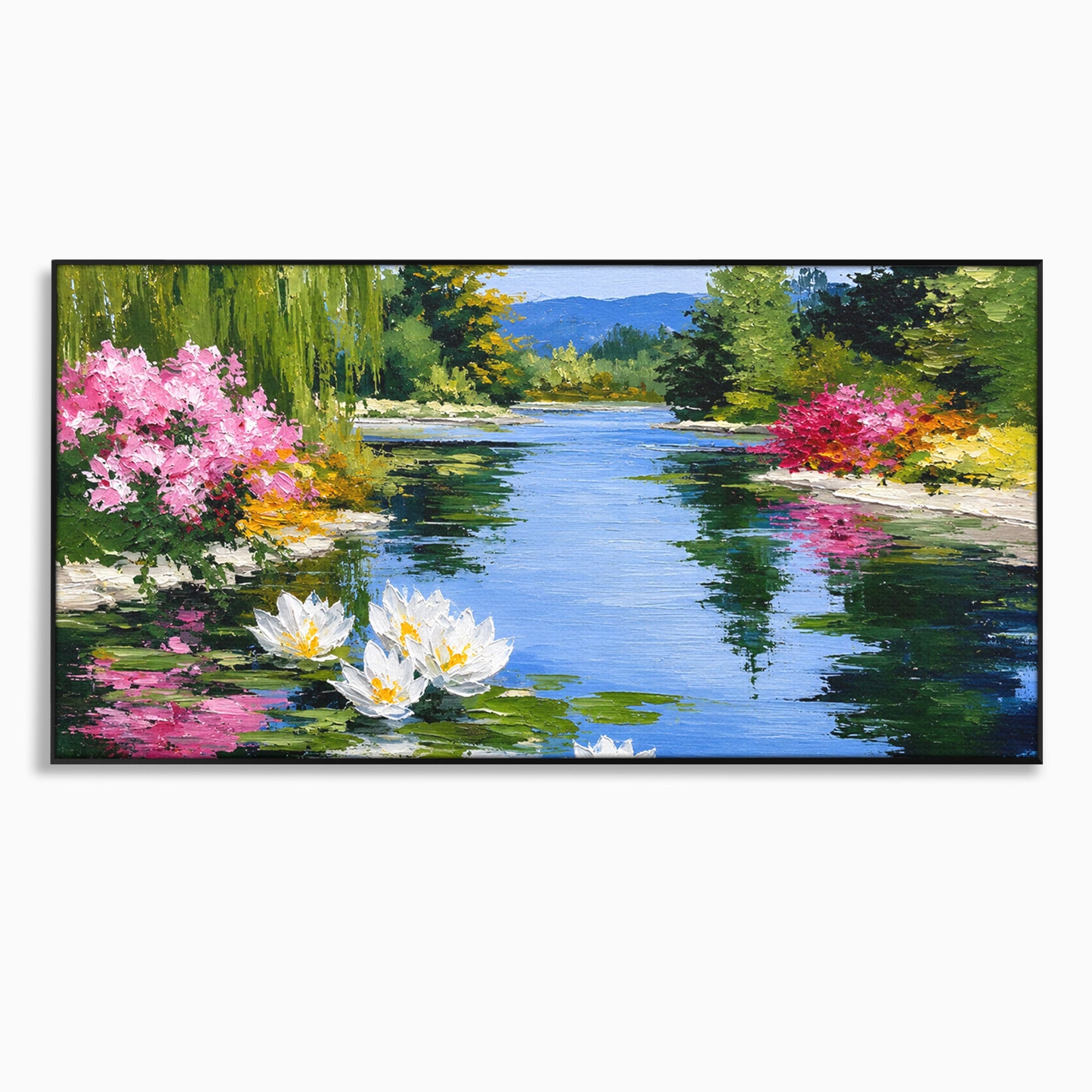 Tablou Canvas Premium LuxCanva® A1673, Peisaj De Vara Cu Lac Linistit, Lac, Flori, Peisaj, Natura, Living, Culori Vibrante