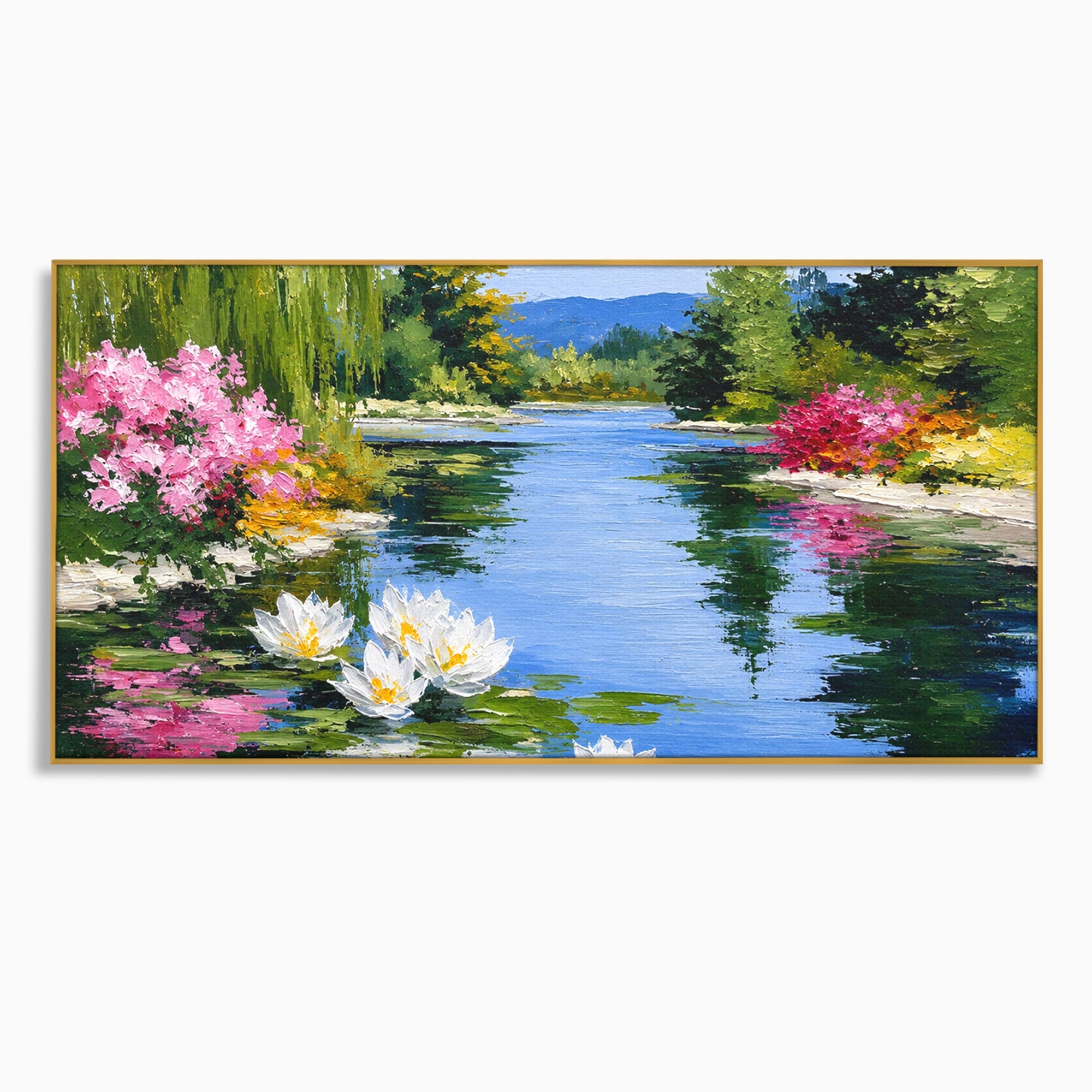 Tablou Canvas Premium LuxCanva® A1673, Peisaj De Vara Cu Lac Linistit, Lac, Flori, Peisaj, Natura, Living, Culori Vibrante