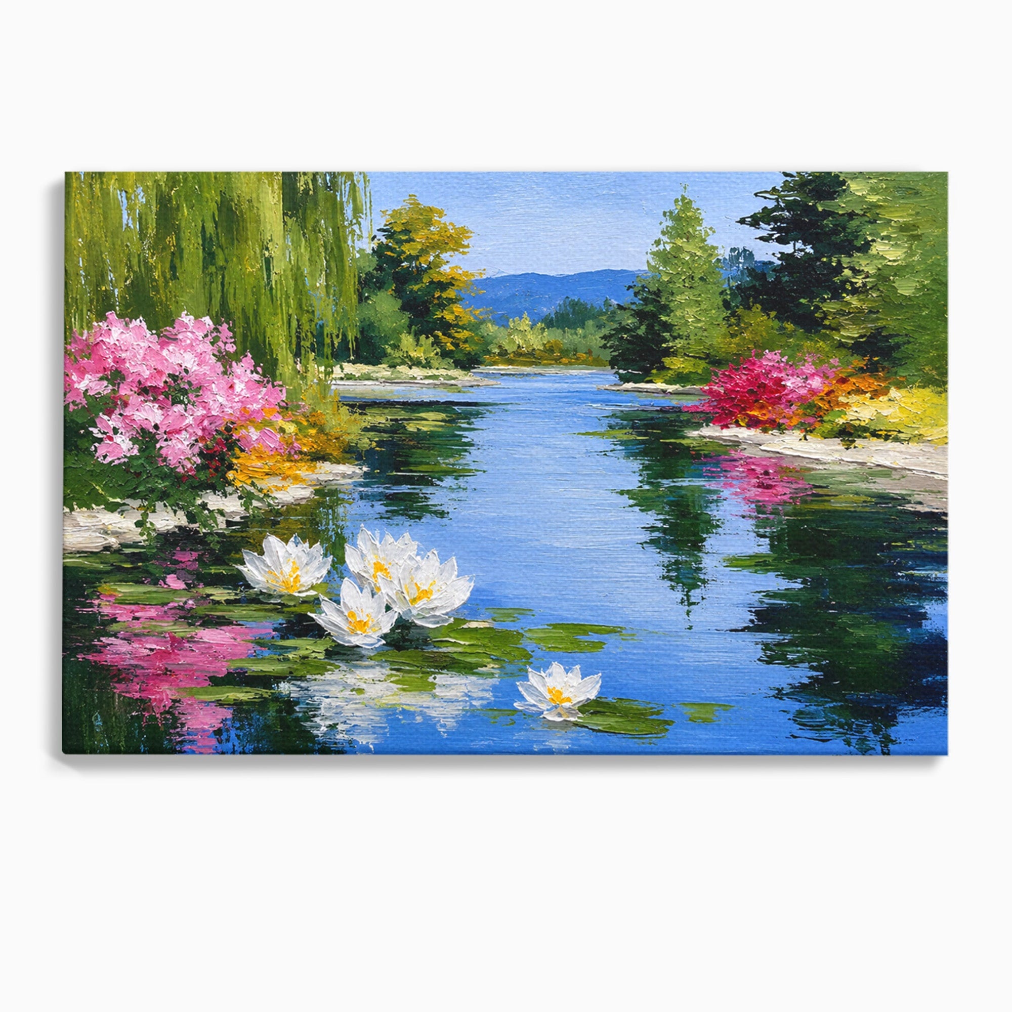 Tablou Canvas Premium LuxCanva® A1673, Peisaj De Vara Cu Lac Linistit, Lac, Flori, Peisaj, Natura, Living, Culori Vibrante