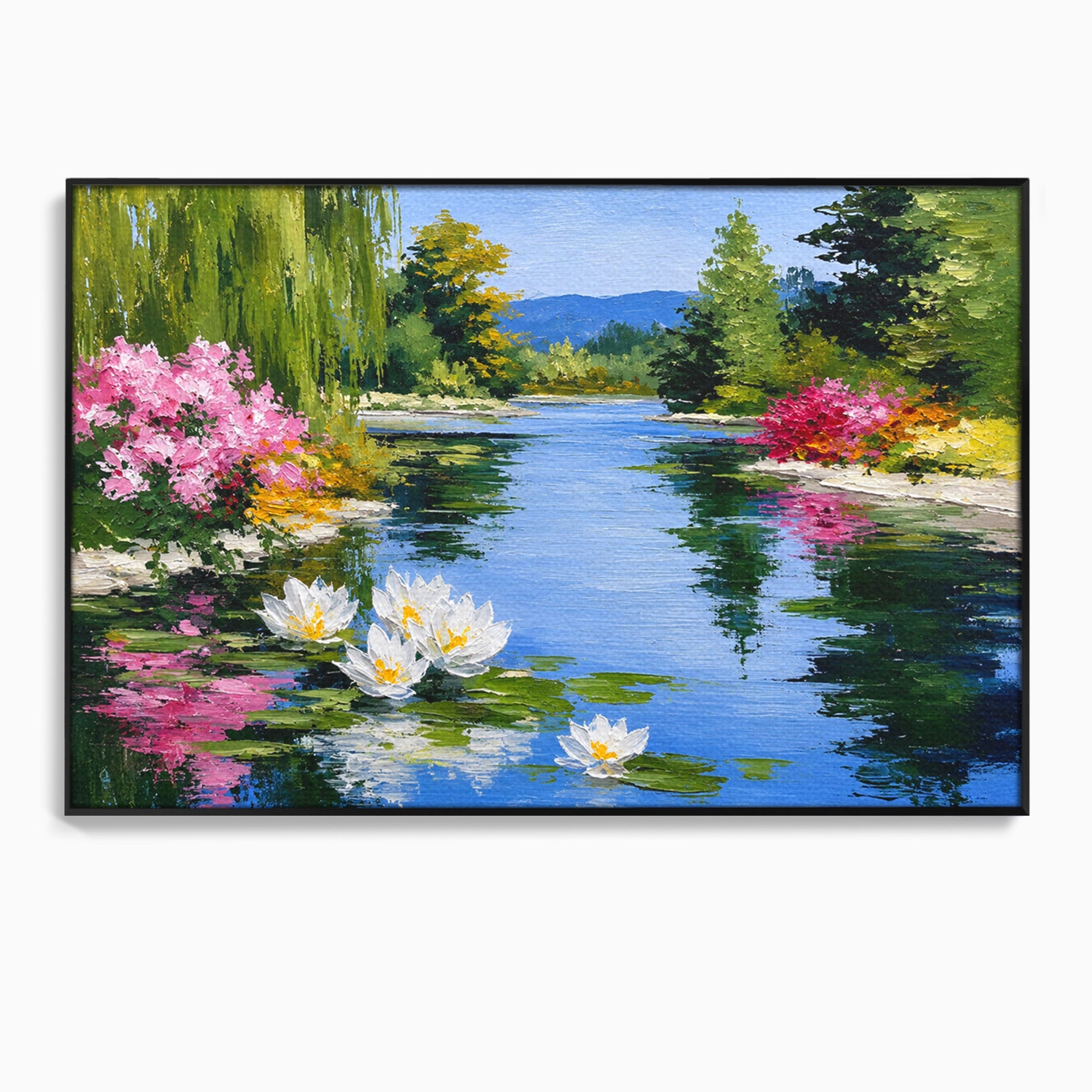 Tablou Canvas Premium LuxCanva® A1673, Peisaj De Vara Cu Lac Linistit, Lac, Flori, Peisaj, Natura, Living, Culori Vibrante