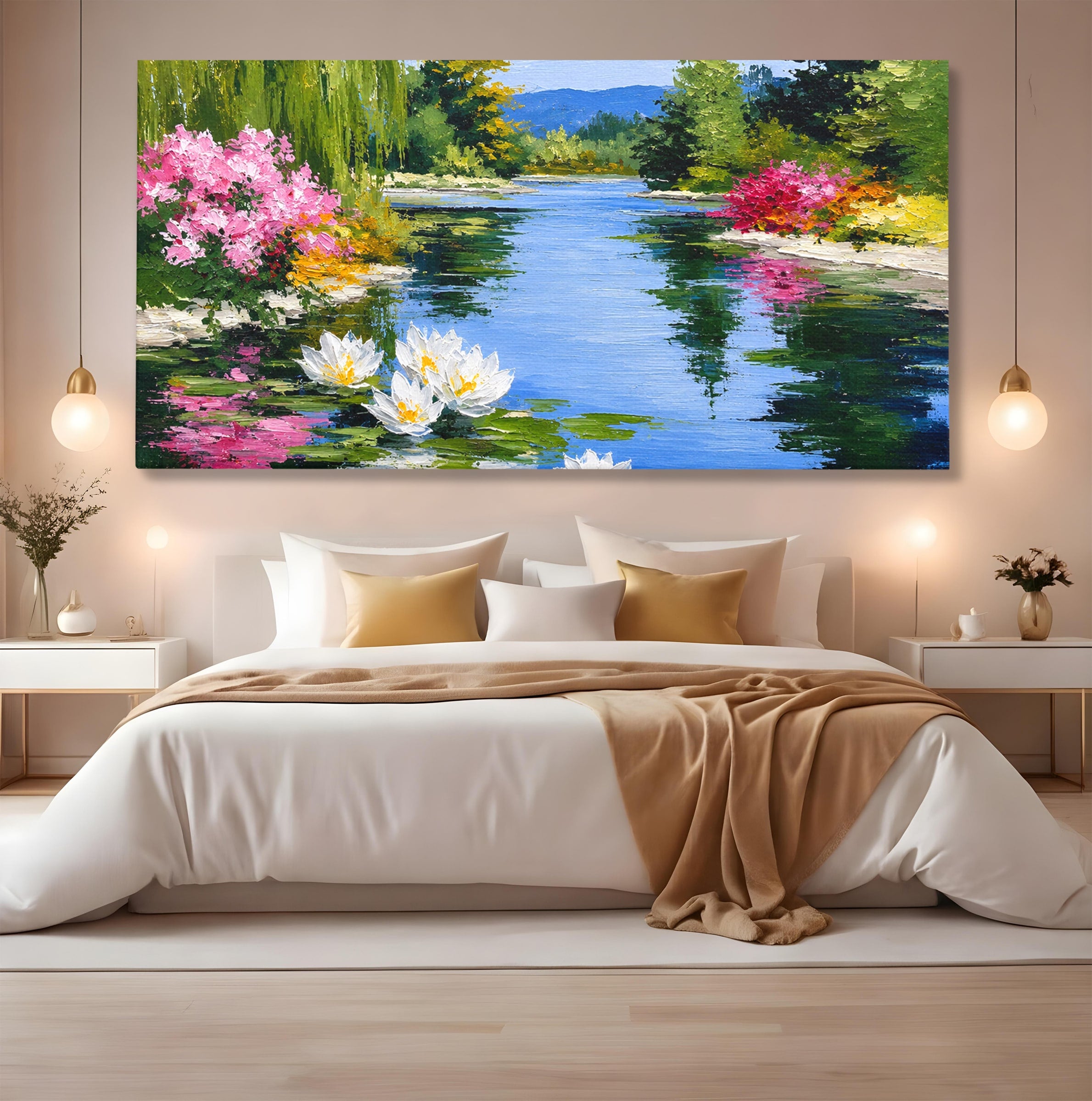Tablou Canvas Premium LuxCanva® A1673, Peisaj De Vara Cu Lac Linistit, Lac, Flori, Peisaj, Natura, Living, Culori Vibrante