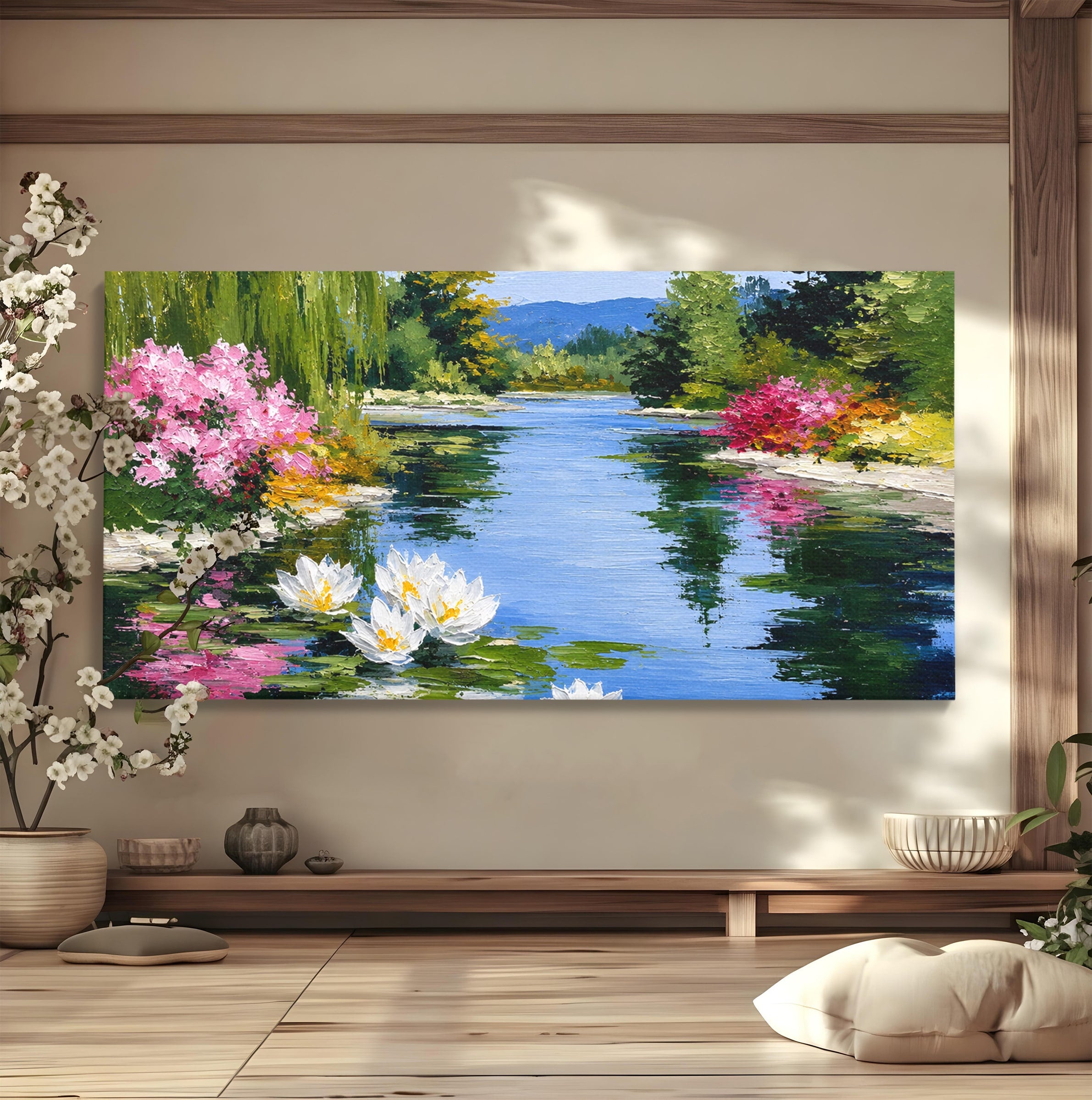 Tablou Canvas Premium LuxCanva® A1673, Peisaj De Vara Cu Lac Linistit, Lac, Flori, Peisaj, Natura, Living, Culori Vibrante