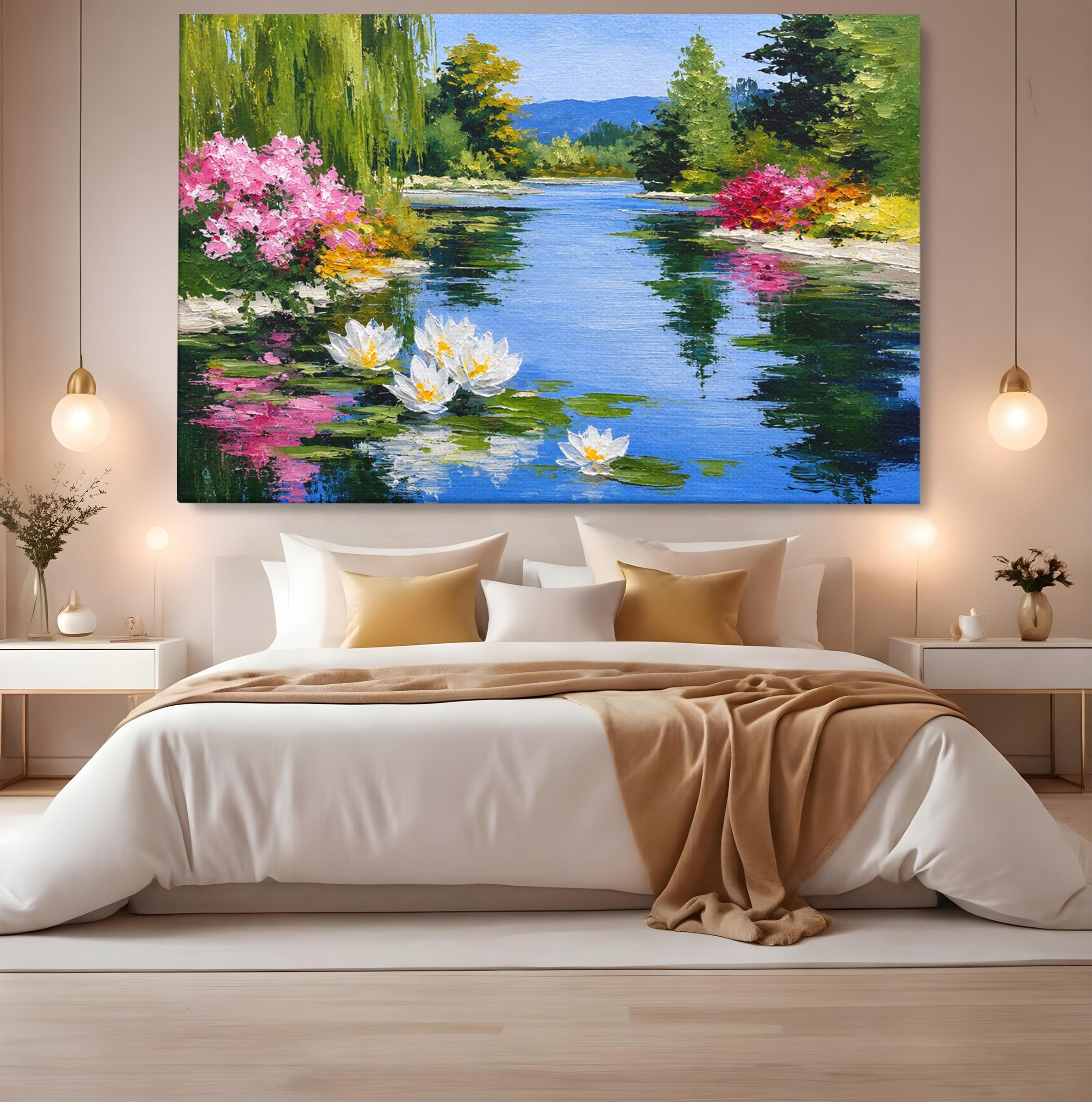 Tablou Canvas Premium LuxCanva® A1673, Peisaj De Vara Cu Lac Linistit, Lac, Flori, Peisaj, Natura, Living, Culori Vibrante