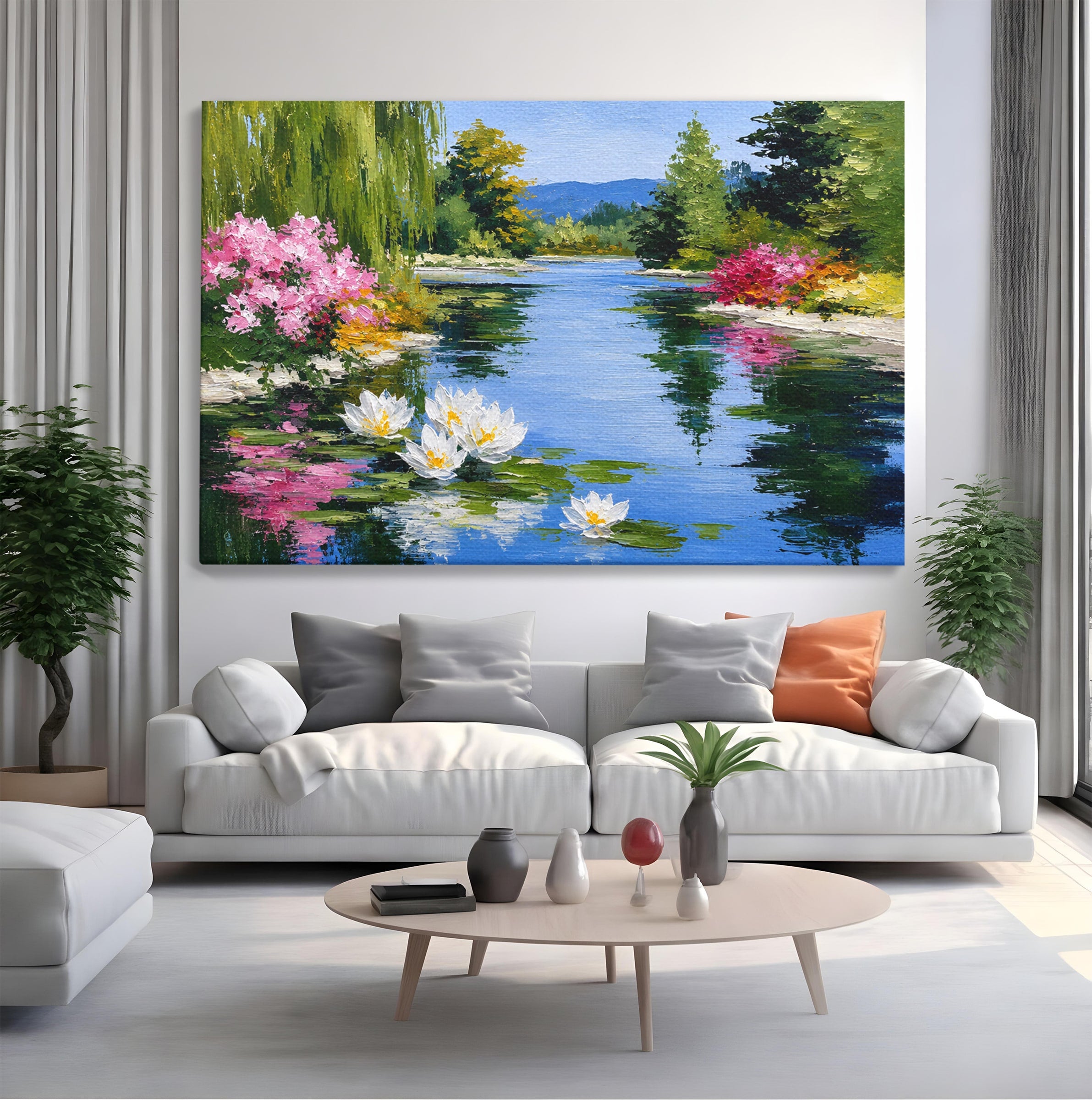 Tablou Canvas Premium LuxCanva® A1673, Peisaj De Vara Cu Lac Linistit, Lac, Flori, Peisaj, Natura, Living, Culori Vibrante