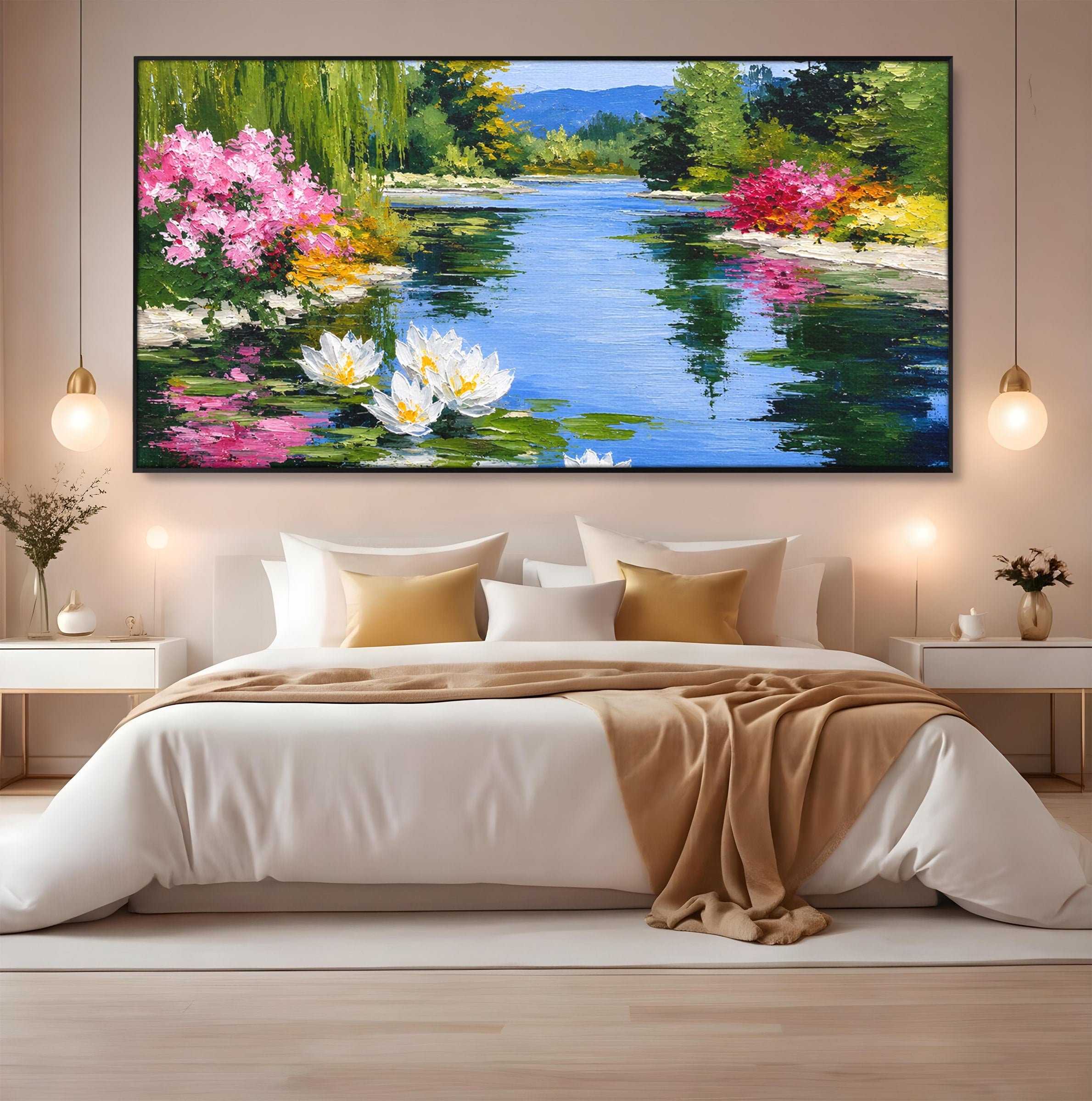 Tablou Canvas Premium LuxCanva® A1673, Peisaj De Vara Cu Lac Linistit, Lac, Flori, Peisaj, Natura, Living, Culori Vibrante