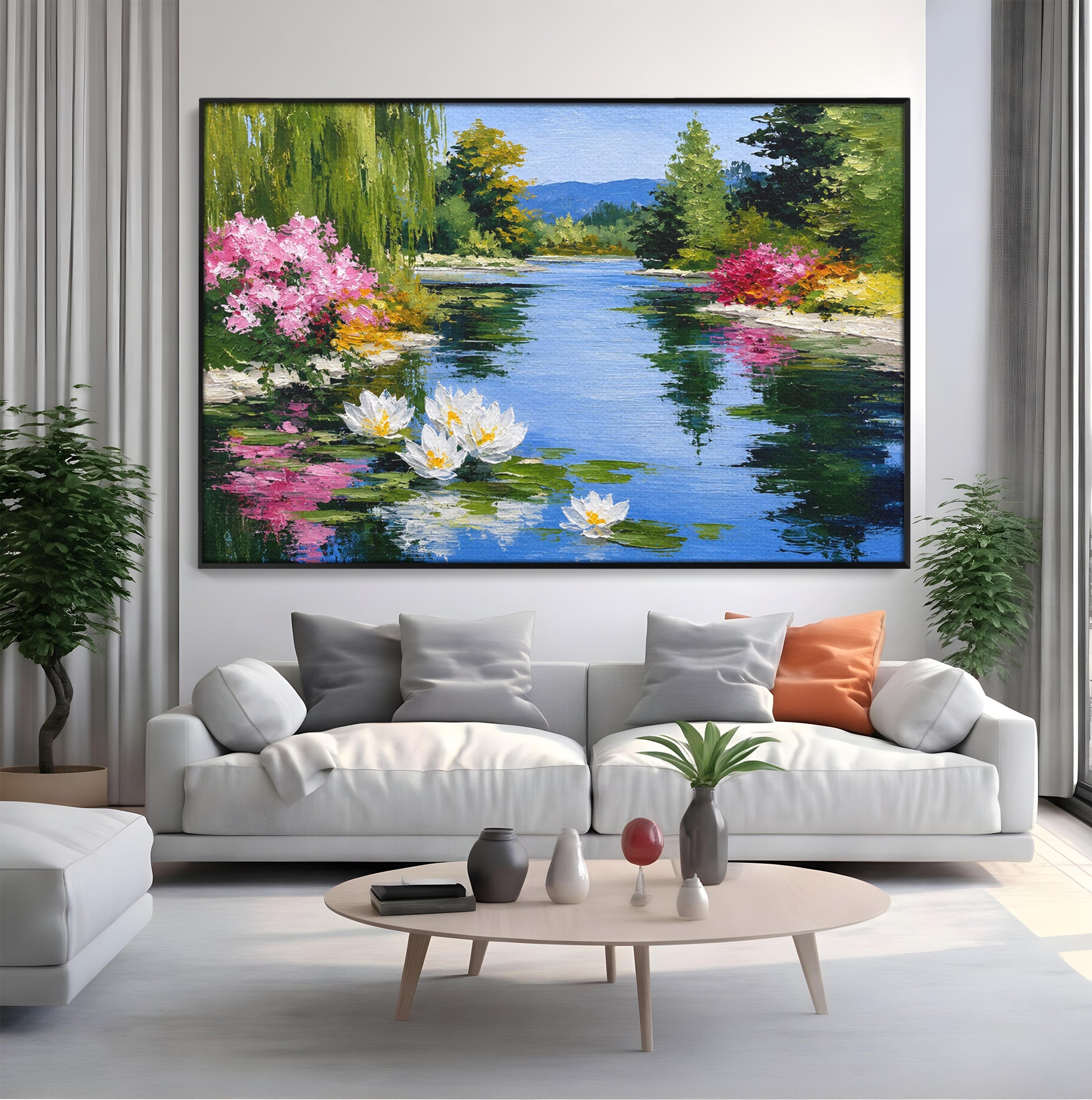 Tablou Canvas Premium LuxCanva® A1673, Peisaj De Vara Cu Lac Linistit, Lac, Flori, Peisaj, Natura, Living, Culori Vibrante