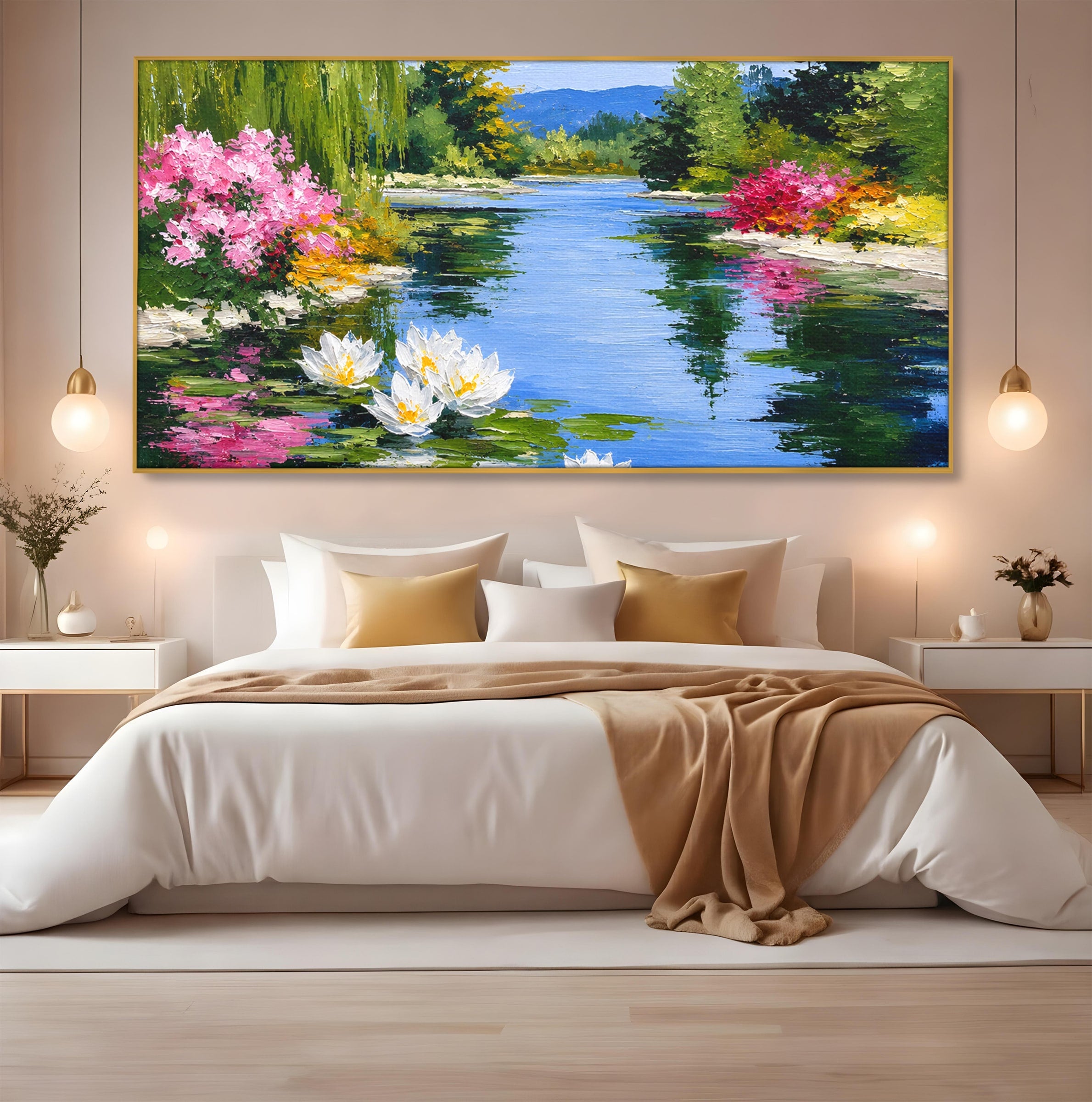 Tablou Canvas Premium LuxCanva® A1673, Peisaj De Vara Cu Lac Linistit, Lac, Flori, Peisaj, Natura, Living, Culori Vibrante