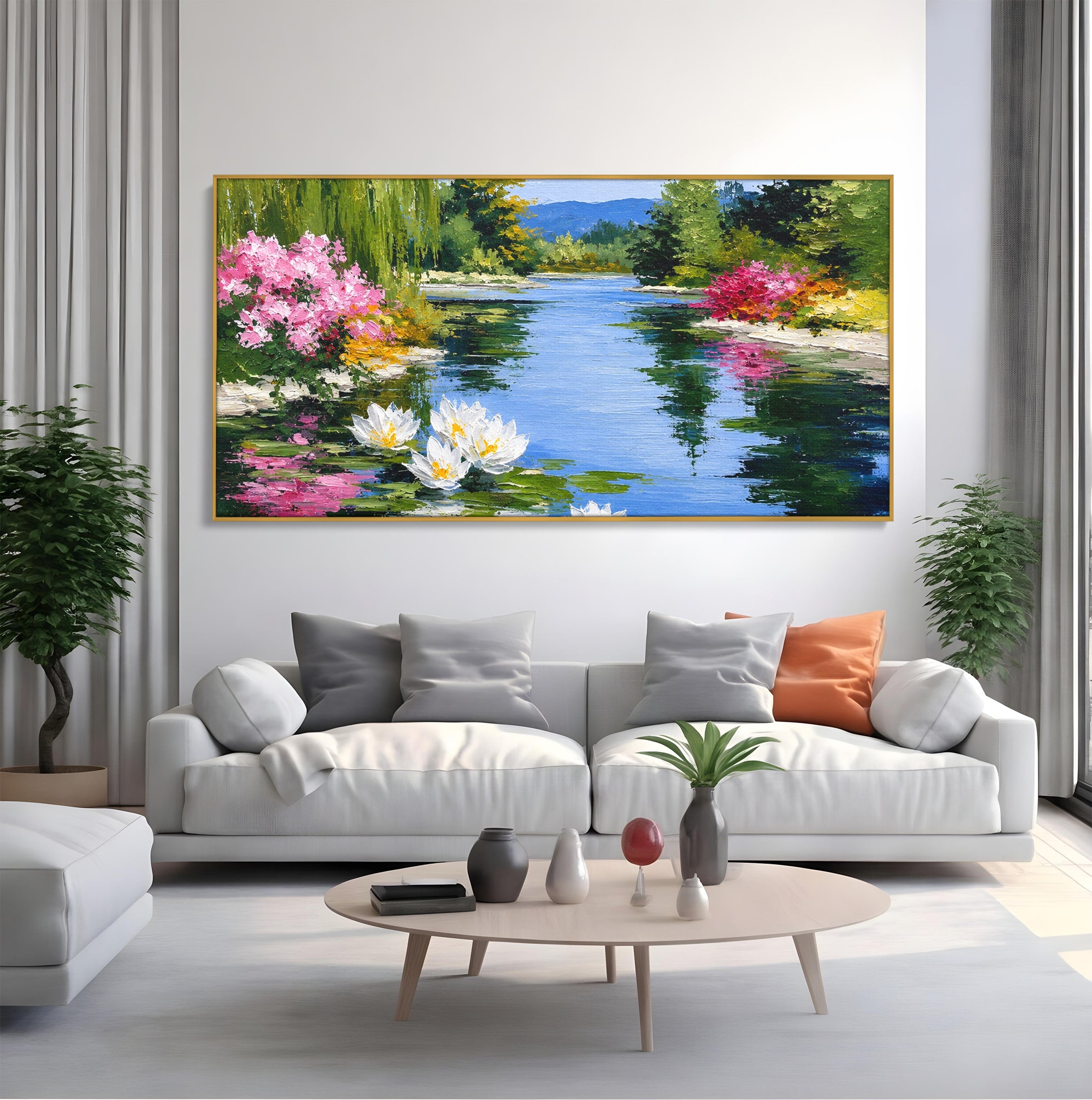 Tablou Canvas Premium LuxCanva® A1673, Peisaj De Vara Cu Lac Linistit, Lac, Flori, Peisaj, Natura, Living, Culori Vibrante