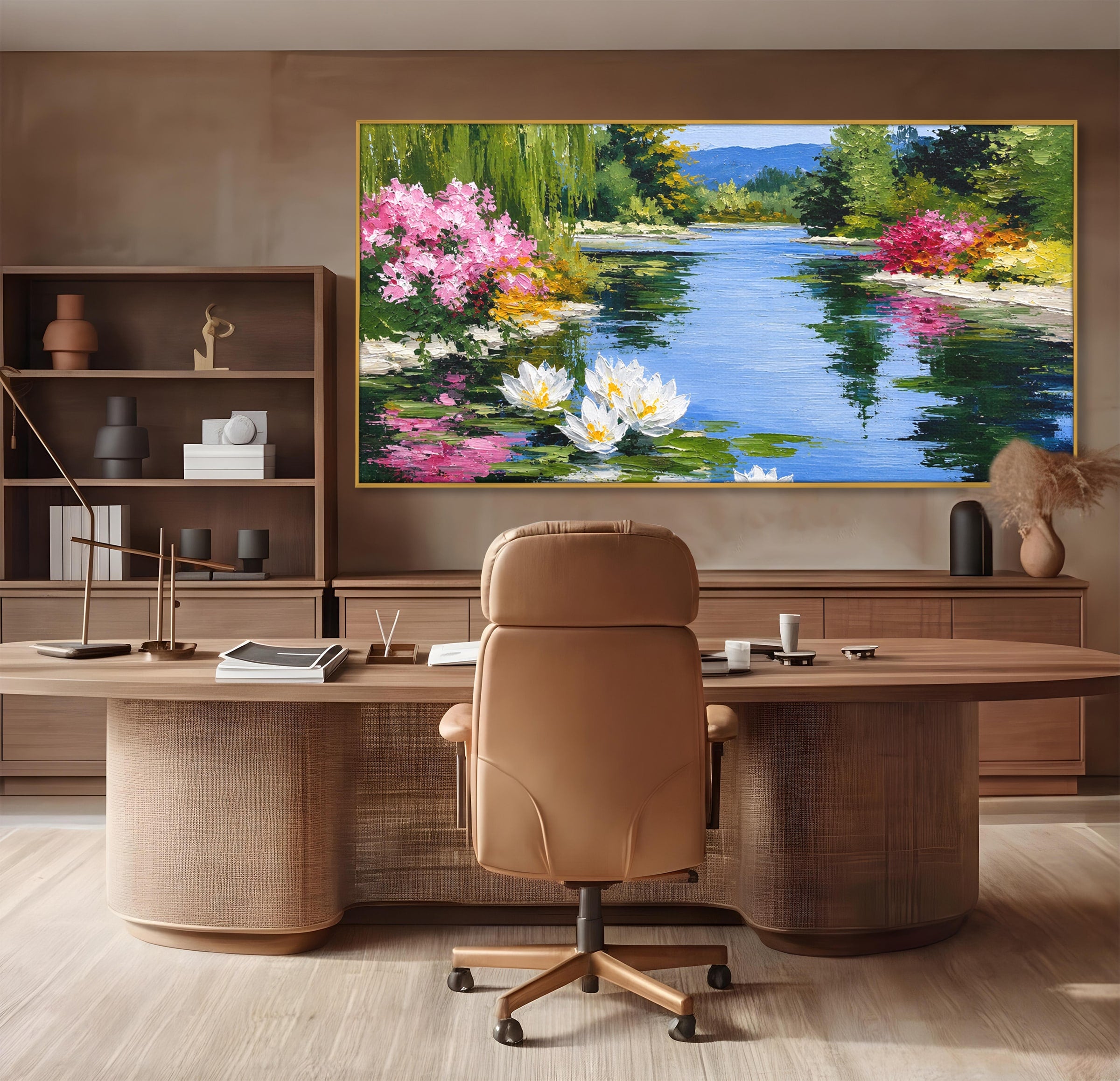 Tablou Canvas Premium LuxCanva® A1673, Peisaj De Vara Cu Lac Linistit, Lac, Flori, Peisaj, Natura, Living, Culori Vibrante