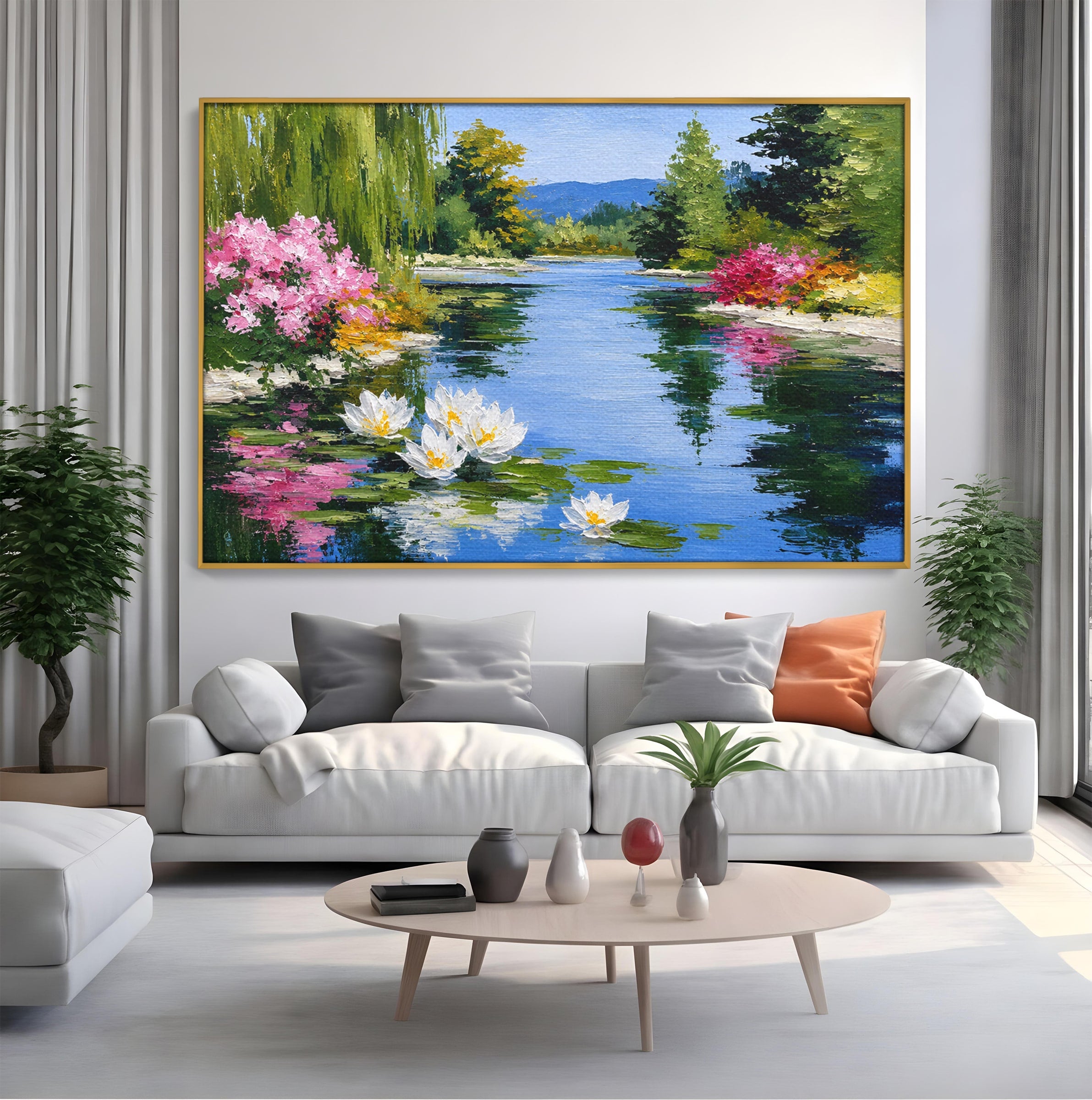Tablou Canvas Premium LuxCanva® A1673, Peisaj De Vara Cu Lac Linistit, Lac, Flori, Peisaj, Natura, Living, Culori Vibrante