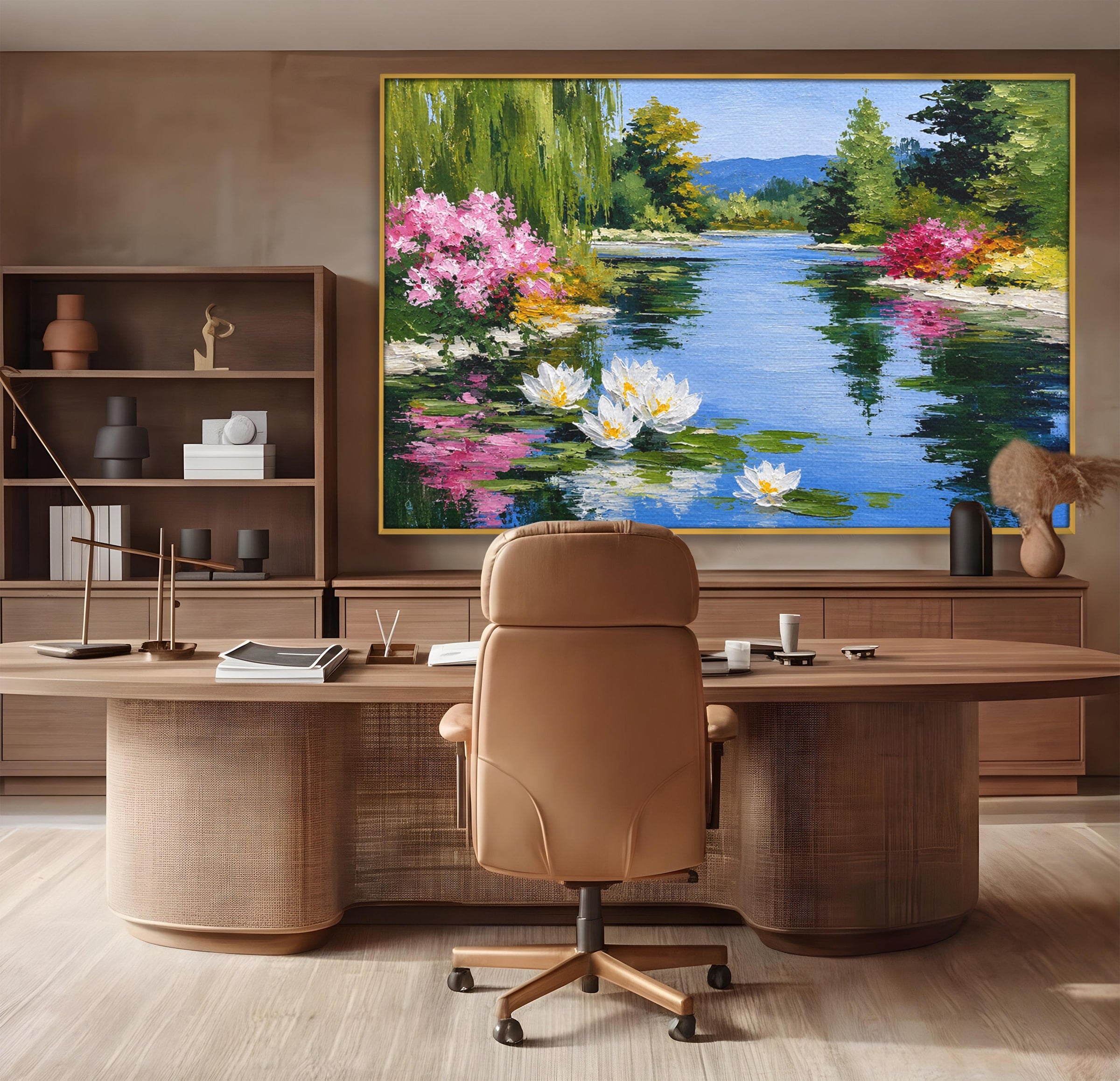 Tablou Canvas Premium LuxCanva® A1673, Peisaj De Vara Cu Lac Linistit, Lac, Flori, Peisaj, Natura, Living, Culori Vibrante