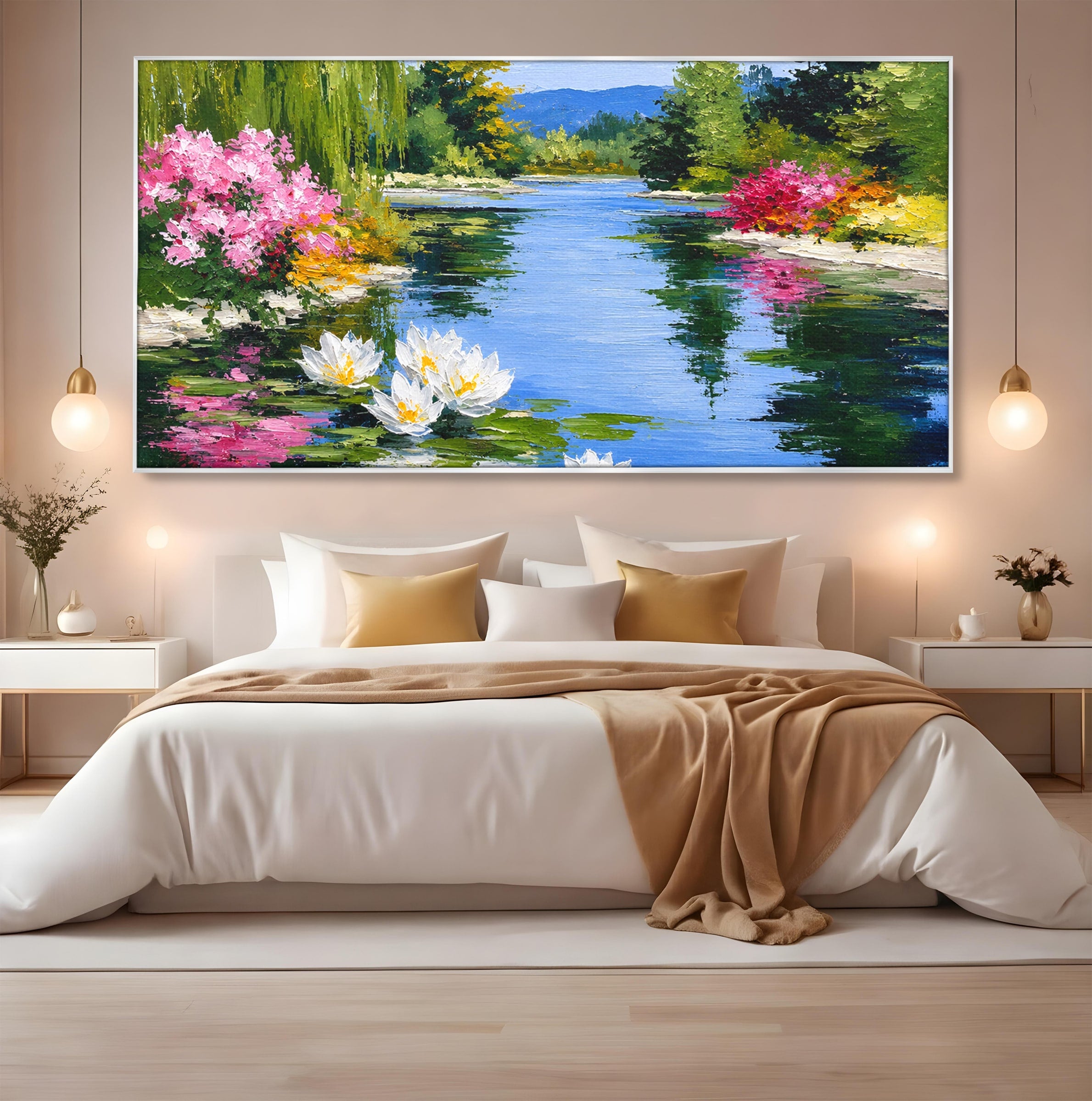 Tablou Canvas Premium LuxCanva® A1673, Peisaj De Vara Cu Lac Linistit, Lac, Flori, Peisaj, Natura, Living, Culori Vibrante