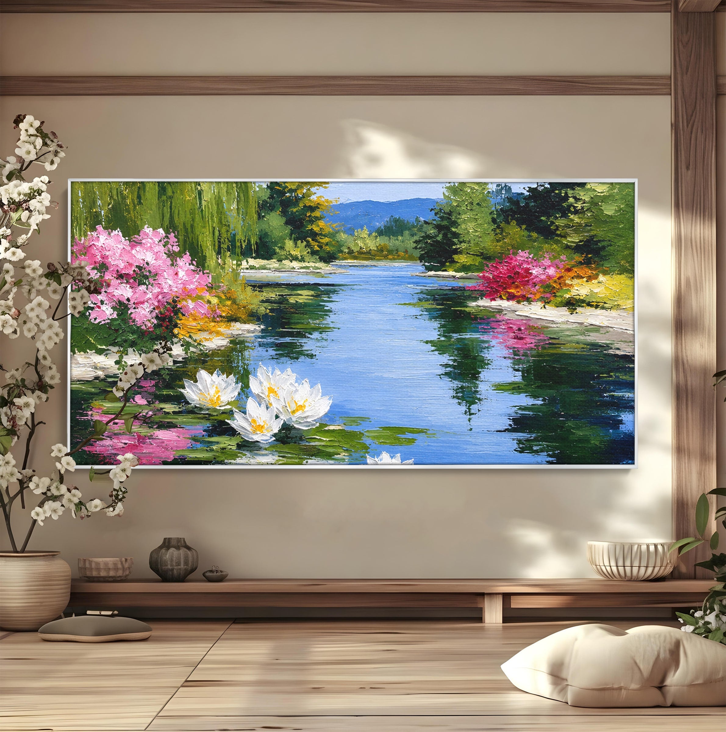 Tablou Canvas Premium LuxCanva® A1673, Peisaj De Vara Cu Lac Linistit, Lac, Flori, Peisaj, Natura, Living, Culori Vibrante