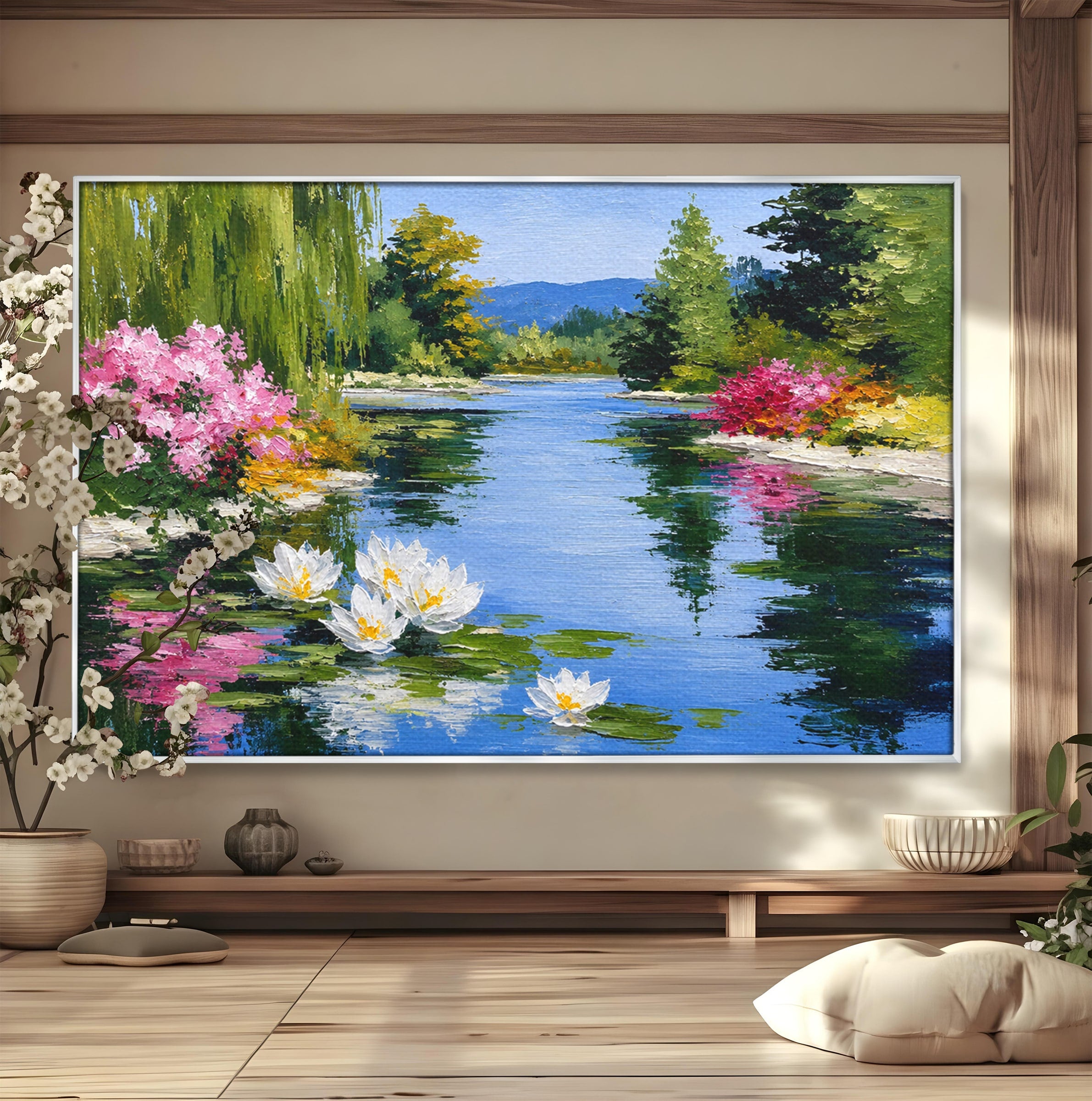 Tablou Canvas Premium LuxCanva® A1673, Peisaj De Vara Cu Lac Linistit, Lac, Flori, Peisaj, Natura, Living, Culori Vibrante