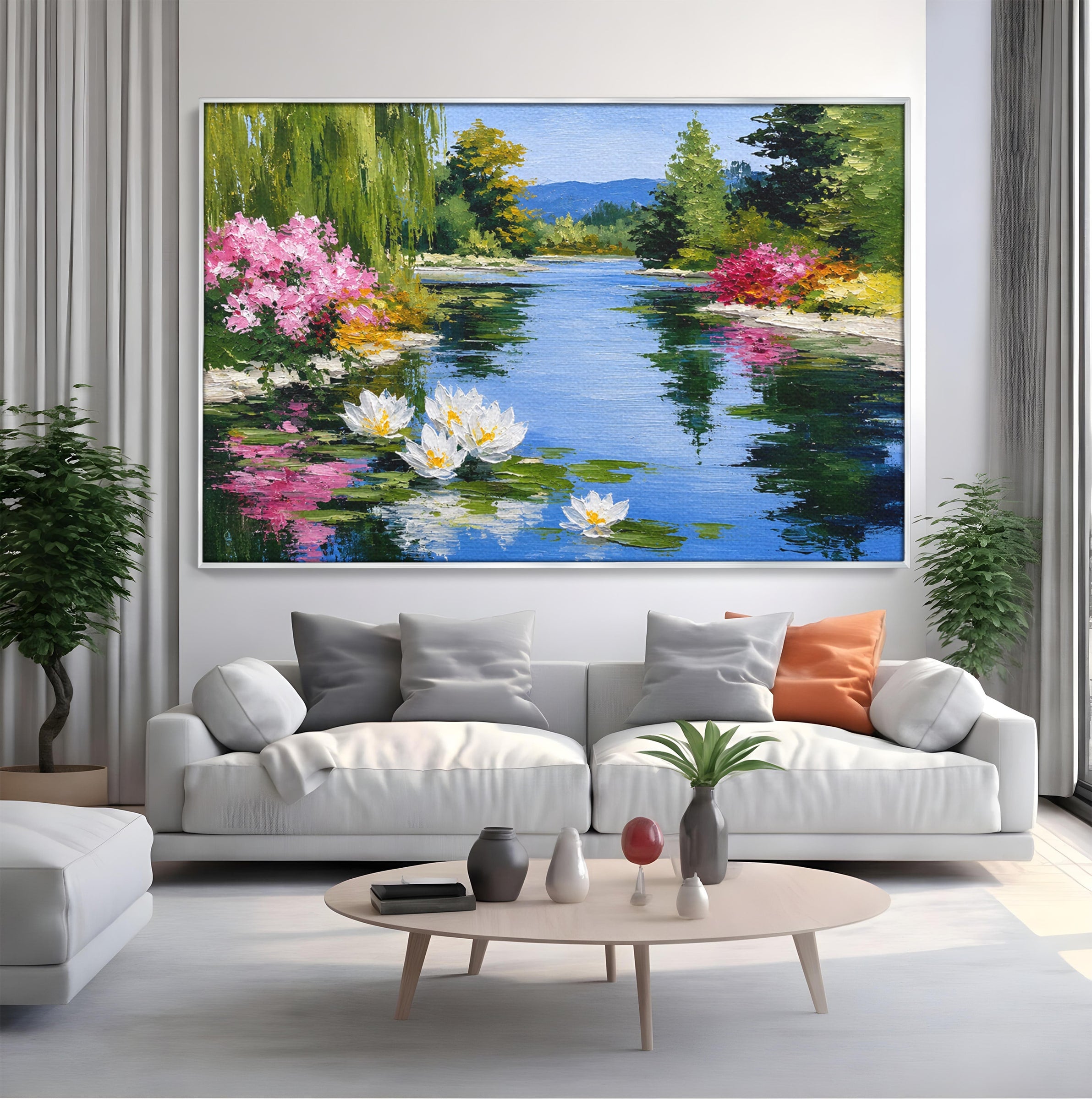 Tablou Canvas Premium LuxCanva® A1673, Peisaj De Vara Cu Lac Linistit, Lac, Flori, Peisaj, Natura, Living, Culori Vibrante
