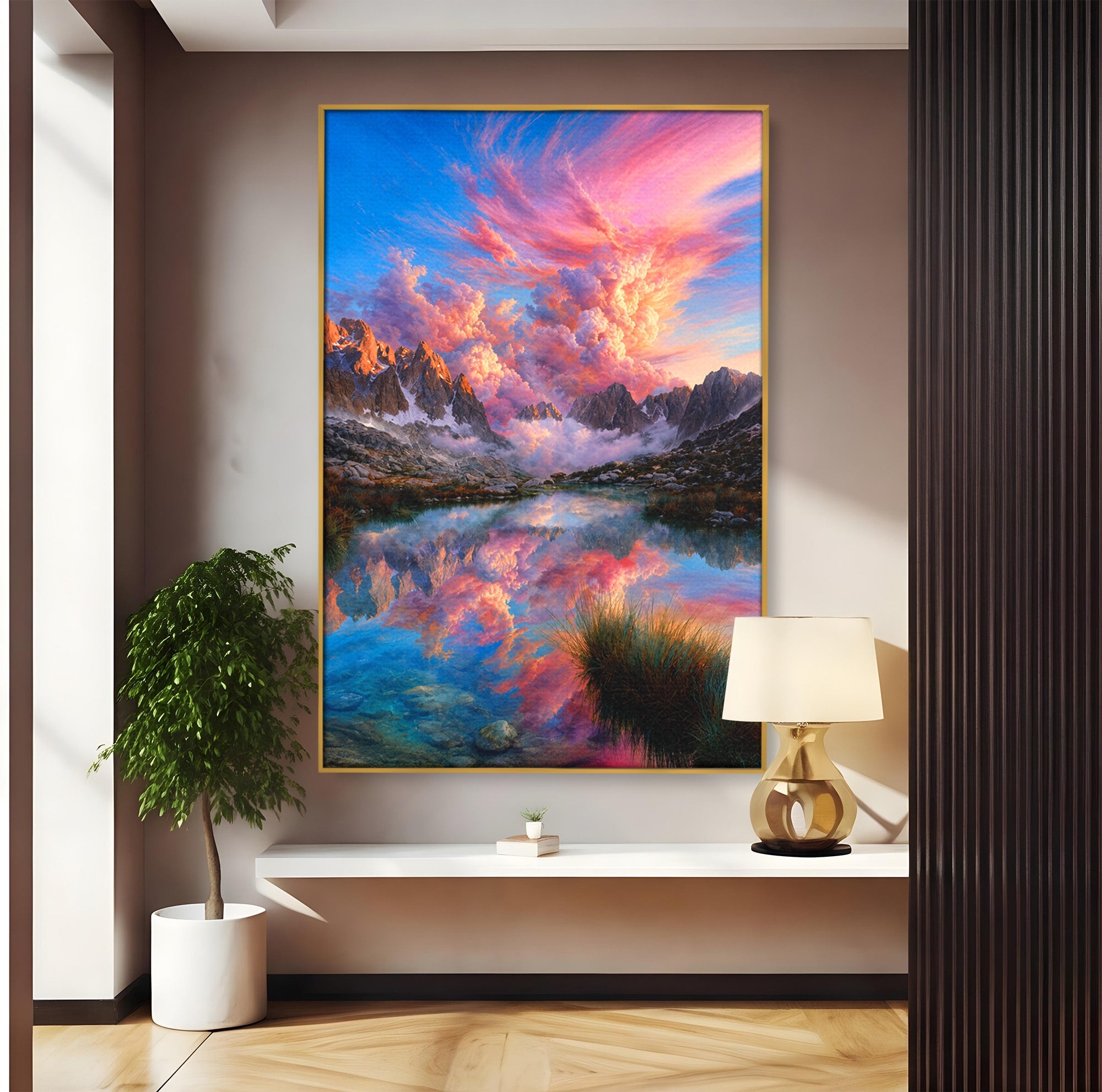 Tablou Canvas Premium LuxCanva® A1678, Reflexii Montane, Munti, Lac, Apus, Natura, Peisaj, Living, Culori Vibrante