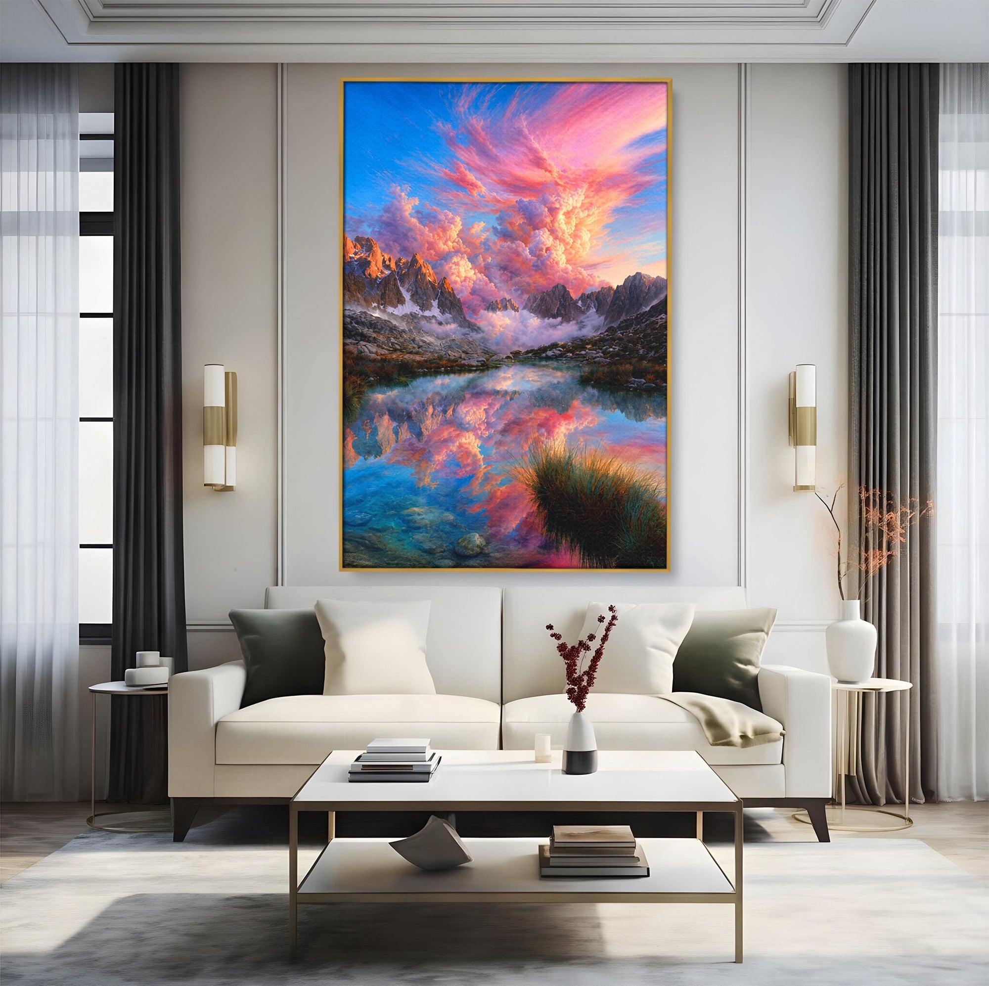 Tablou Canvas Premium LuxCanva® A1678, Reflexii Montane, Munti, Lac, Apus, Natura, Peisaj, Living, Culori Vibrante