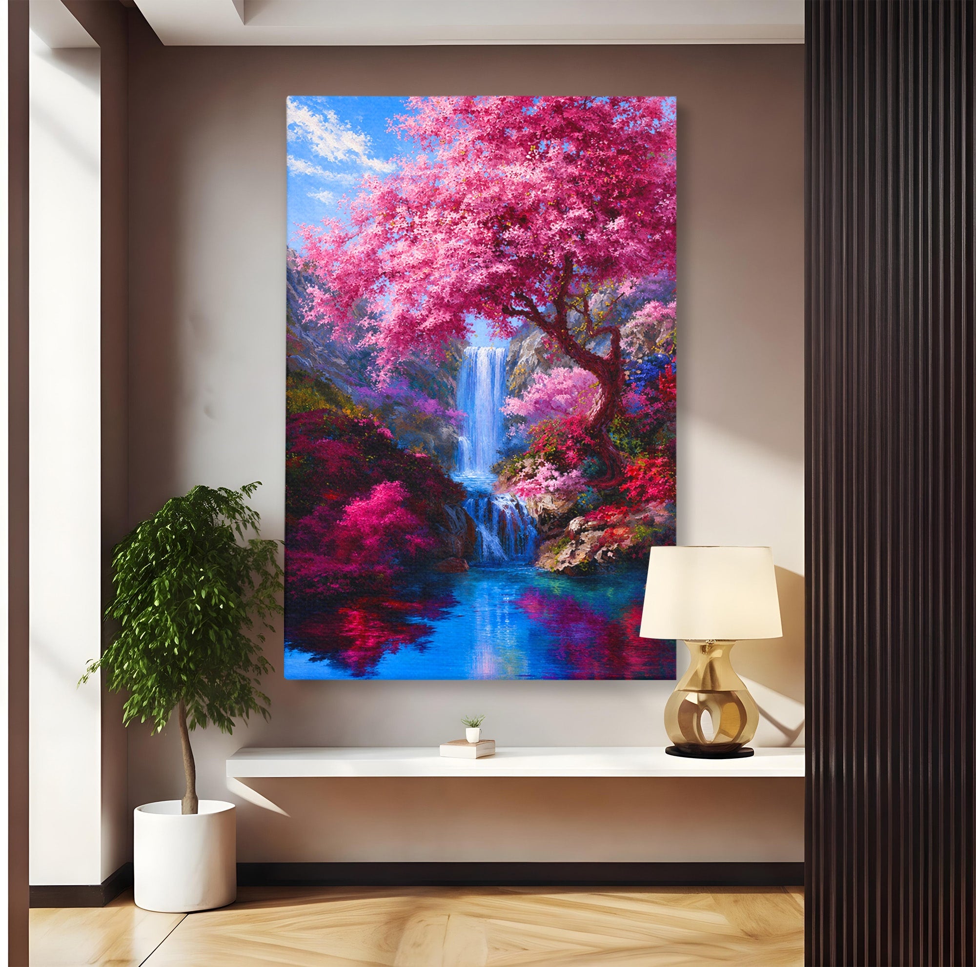 Tablou Canvas Premium LuxCanva® A1680, Cascada Sub Ciresi, Cascada, Ciresi, Natura, Peisaj, Living, Culori Vibrante