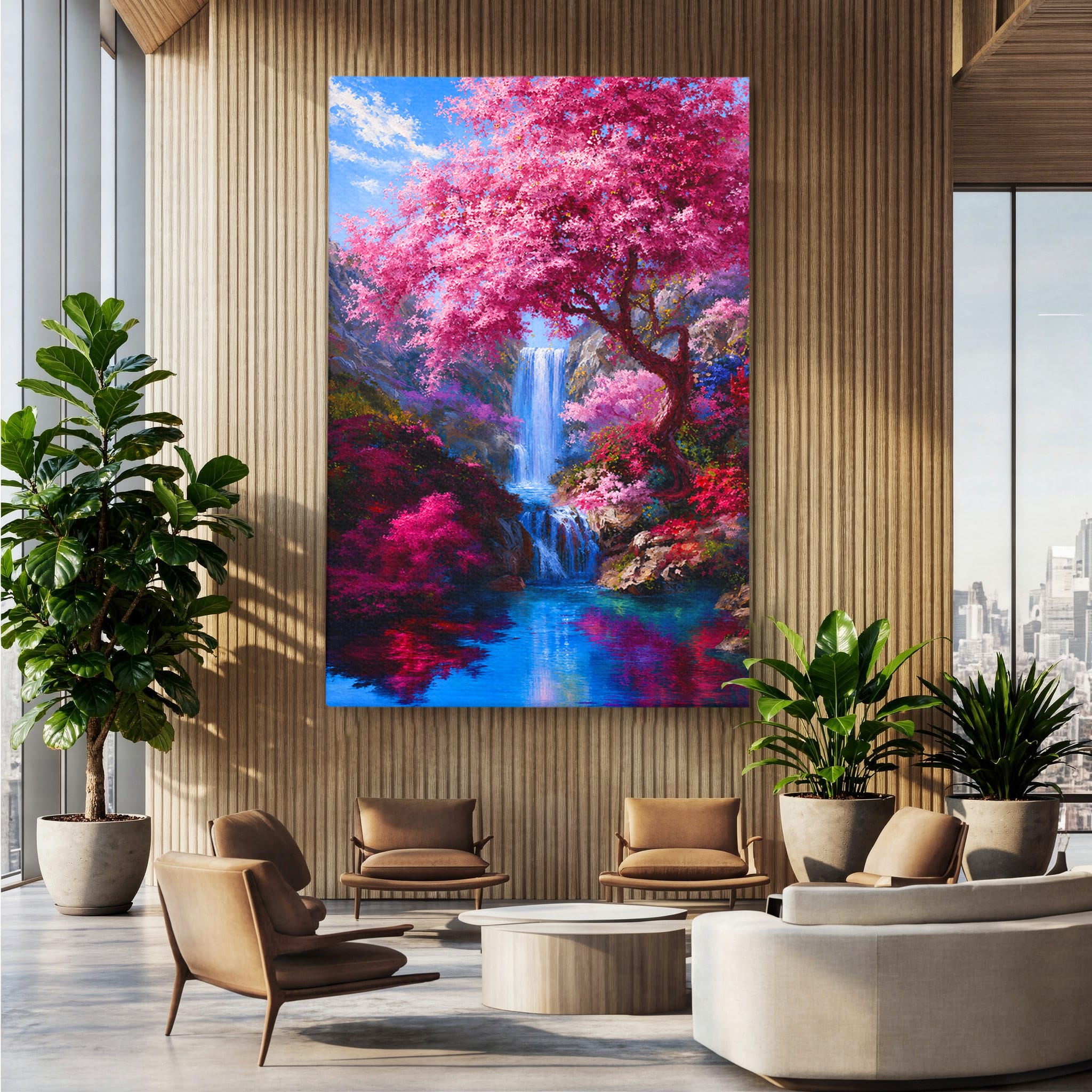 Tablou Canvas Premium LuxCanva® A1680, Cascada Sub Ciresi, Cascada, Ciresi, Natura, Peisaj, Living, Culori Vibrante