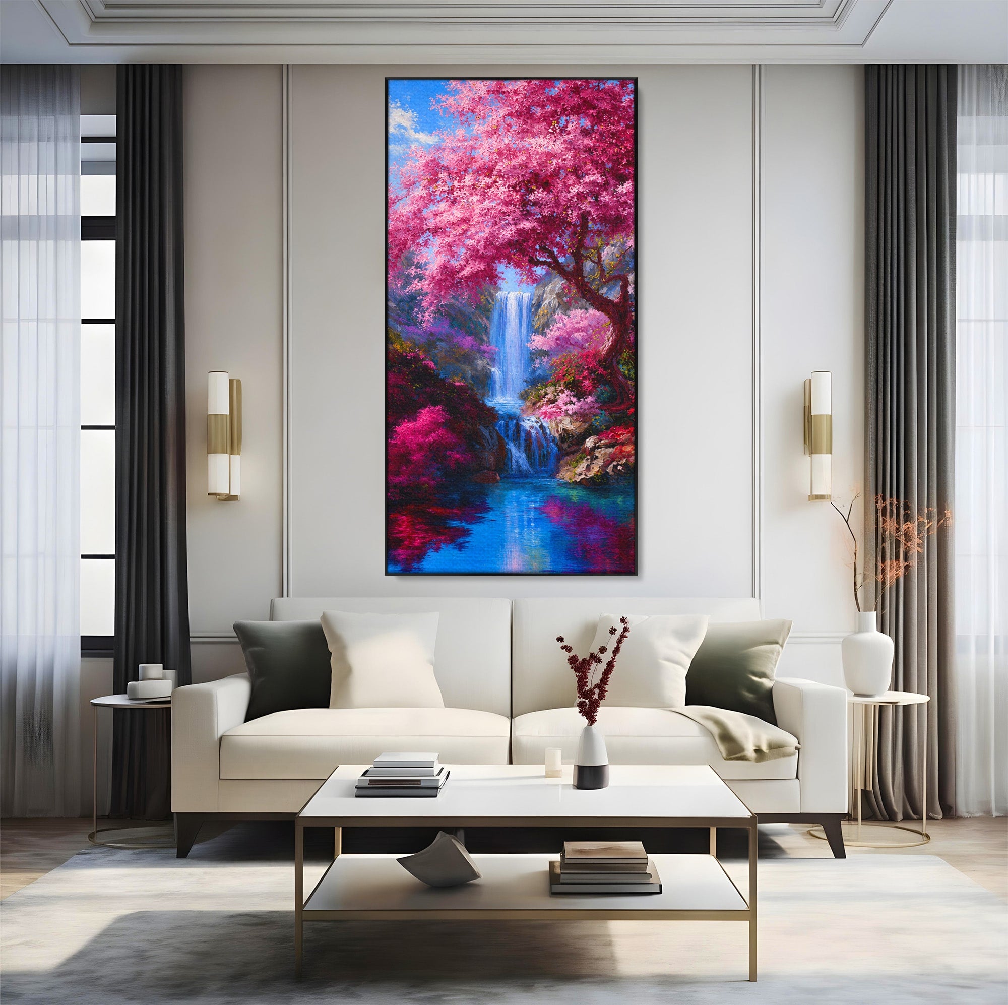 Tablou Canvas Premium LuxCanva® A1680, Cascada Sub Ciresi, Cascada, Ciresi, Natura, Peisaj, Living, Culori Vibrante