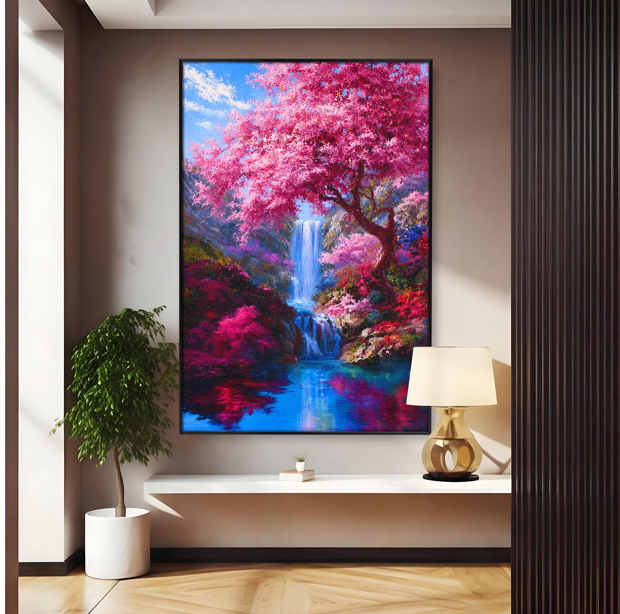 Tablou Canvas Premium LuxCanva® A1680, Cascada Sub Ciresi, Cascada, Ciresi, Natura, Peisaj, Living, Culori Vibrante