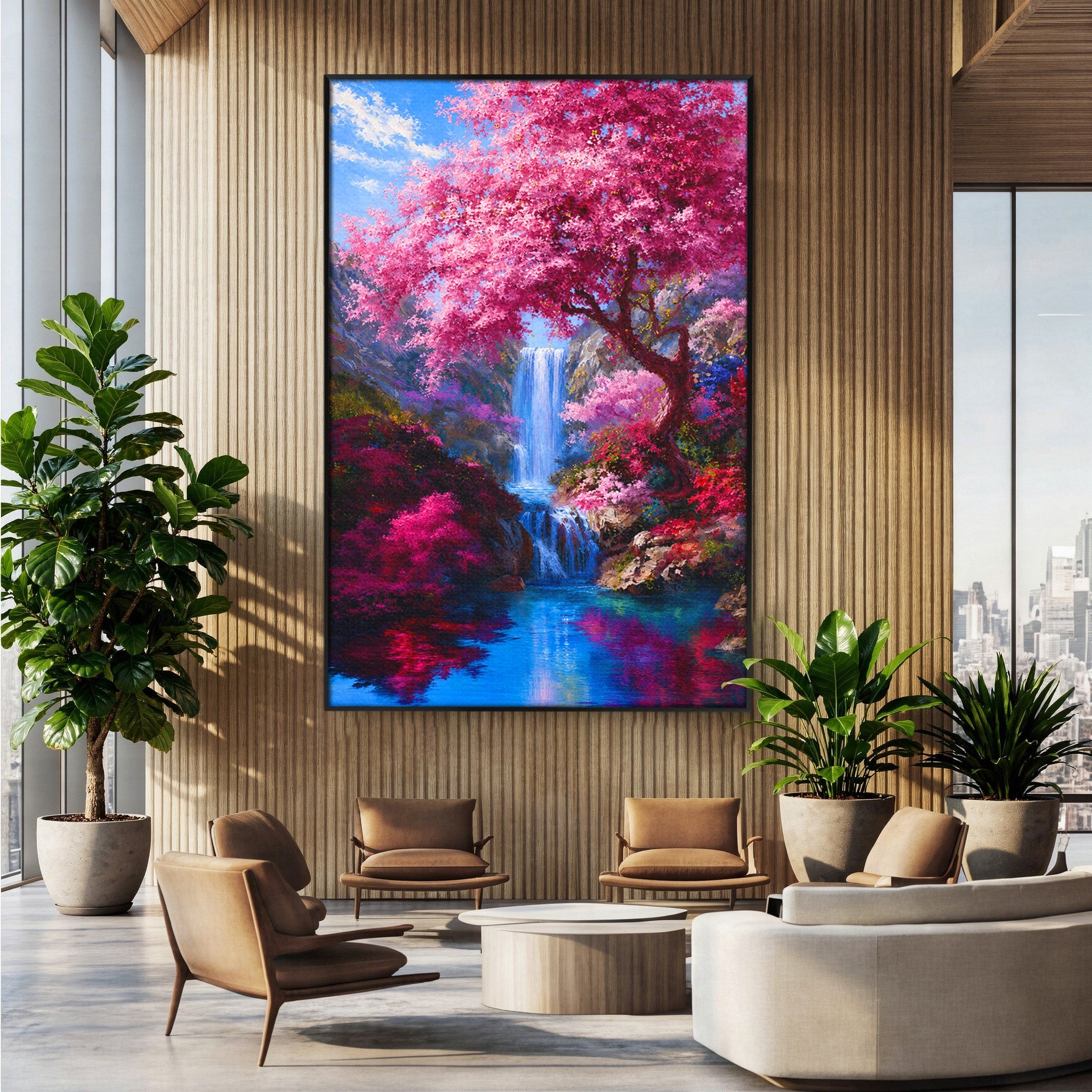 Tablou Canvas Premium LuxCanva® A1680, Cascada Sub Ciresi, Cascada, Ciresi, Natura, Peisaj, Living, Culori Vibrante