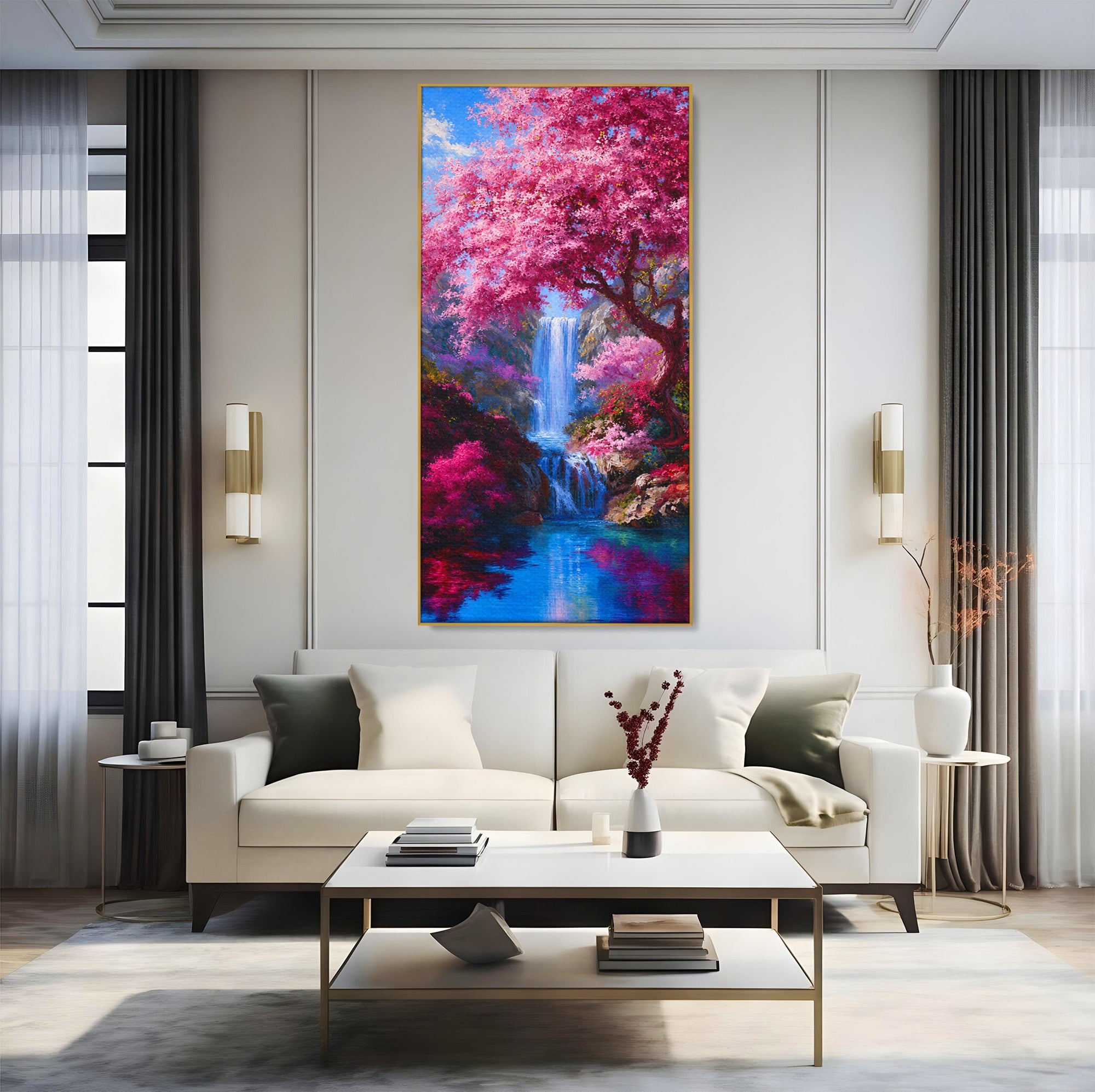Tablou Canvas Premium LuxCanva® A1680, Cascada Sub Ciresi, Cascada, Ciresi, Natura, Peisaj, Living, Culori Vibrante