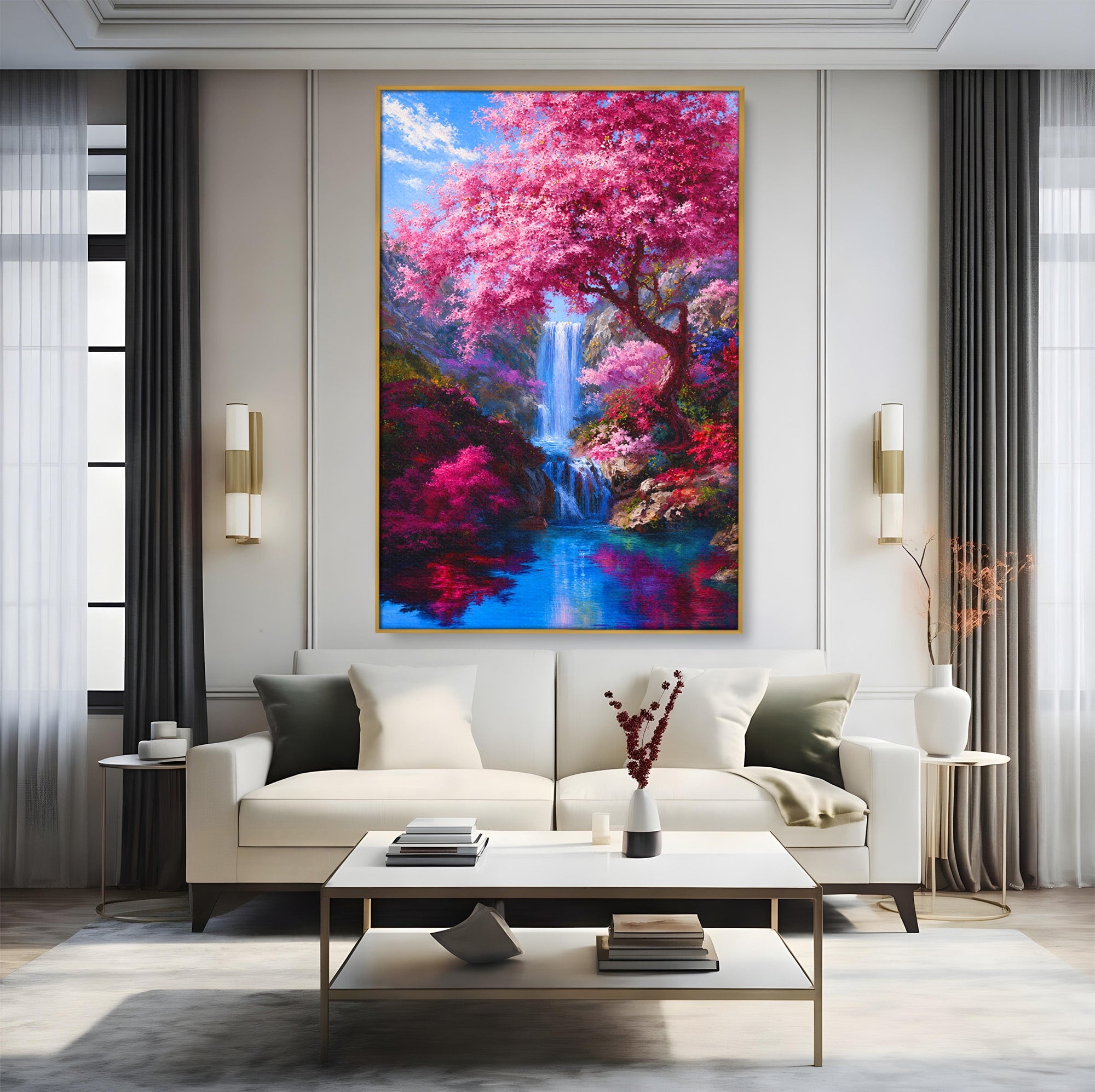 Tablou Canvas Premium LuxCanva® A1680, Cascada Sub Ciresi, Cascada, Ciresi, Natura, Peisaj, Living, Culori Vibrante