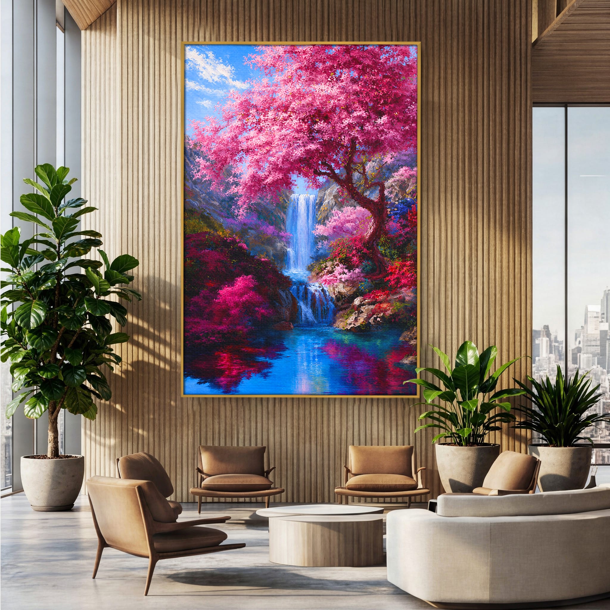Tablou Canvas Premium LuxCanva® A1680, Cascada Sub Ciresi, Cascada, Ciresi, Natura, Peisaj, Living, Culori Vibrante