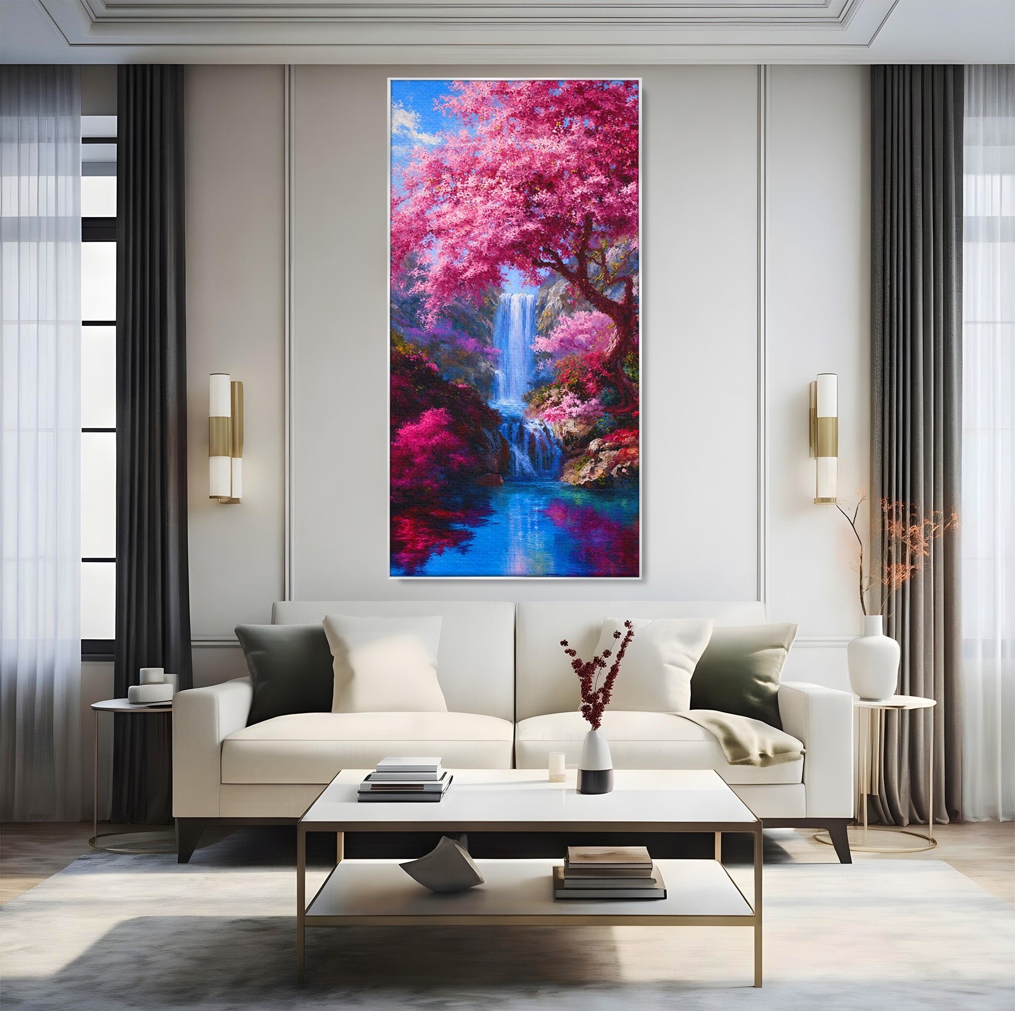 Tablou Canvas Premium LuxCanva® A1680, Cascada Sub Ciresi, Cascada, Ciresi, Natura, Peisaj, Living, Culori Vibrante