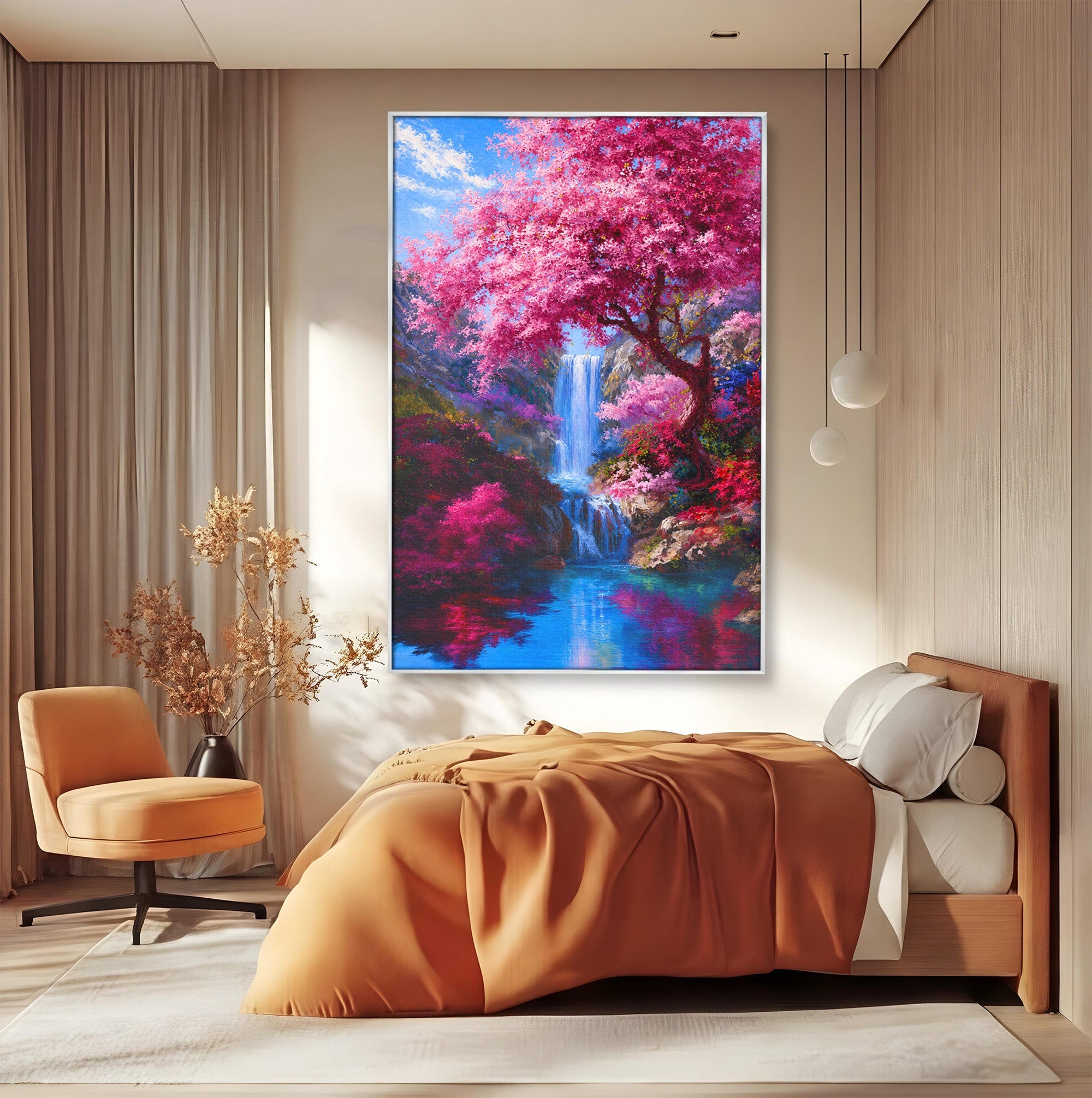 Tablou Canvas Premium LuxCanva® A1680, Cascada Sub Ciresi, Cascada, Ciresi, Natura, Peisaj, Living, Culori Vibrante