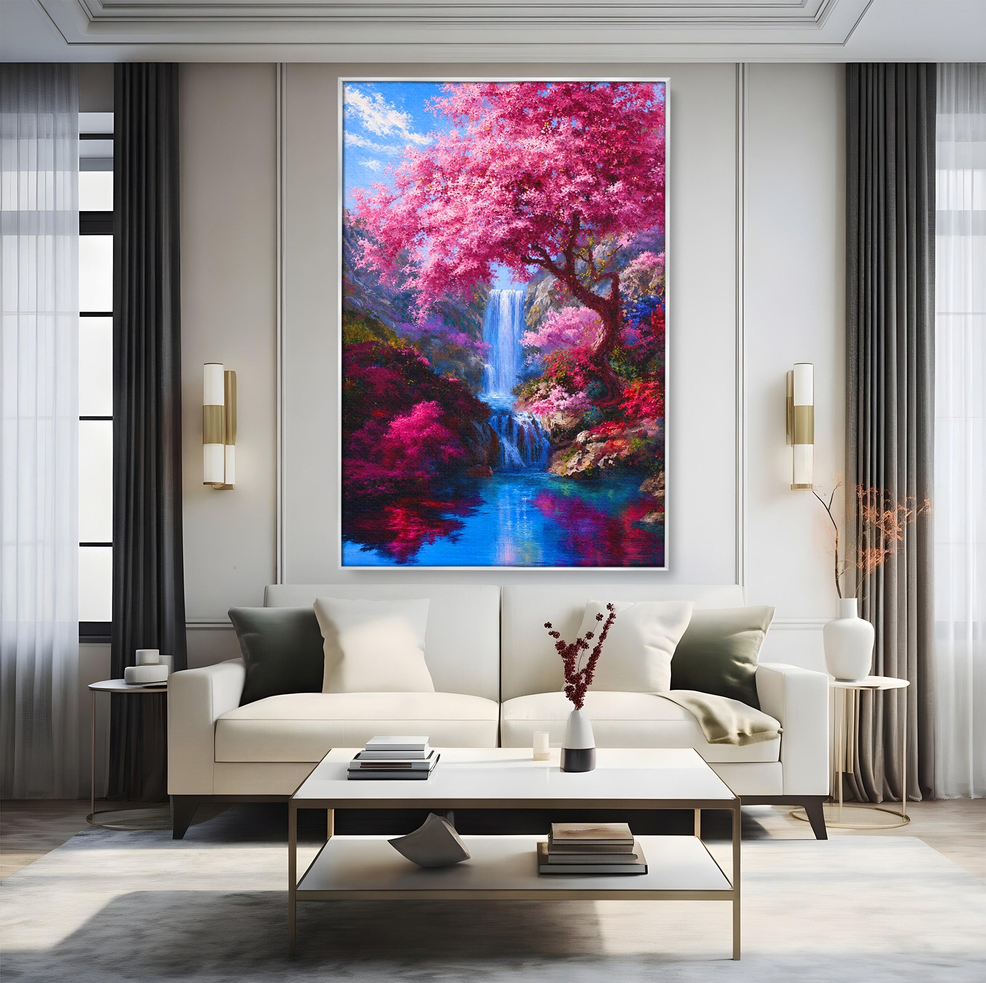 Tablou Canvas Premium LuxCanva® A1680, Cascada Sub Ciresi, Cascada, Ciresi, Natura, Peisaj, Living, Culori Vibrante