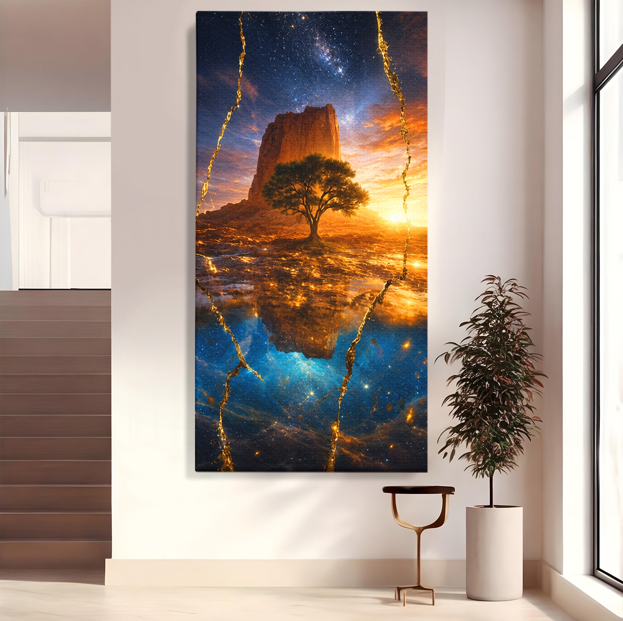Tablou Canvas Premium LuxCanva® A1682, Copac Singuratic Sub Galaxie, Copac, Galaxie, Peisaj, Natura, Living, Culori Vibrante
