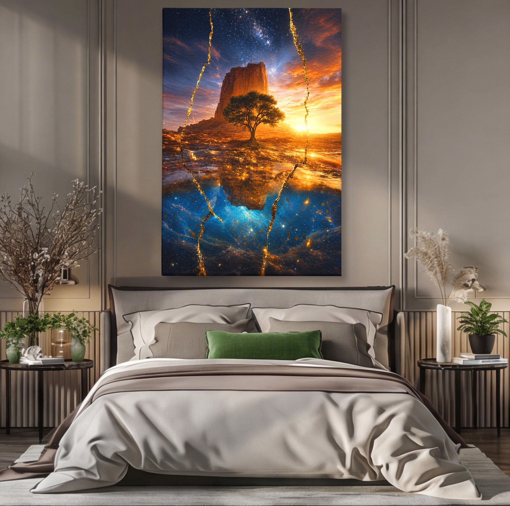 Tablou Canvas Premium LuxCanva® A1682, Copac Singuratic Sub Galaxie, Copac, Galaxie, Peisaj, Natura, Living, Culori Vibrante