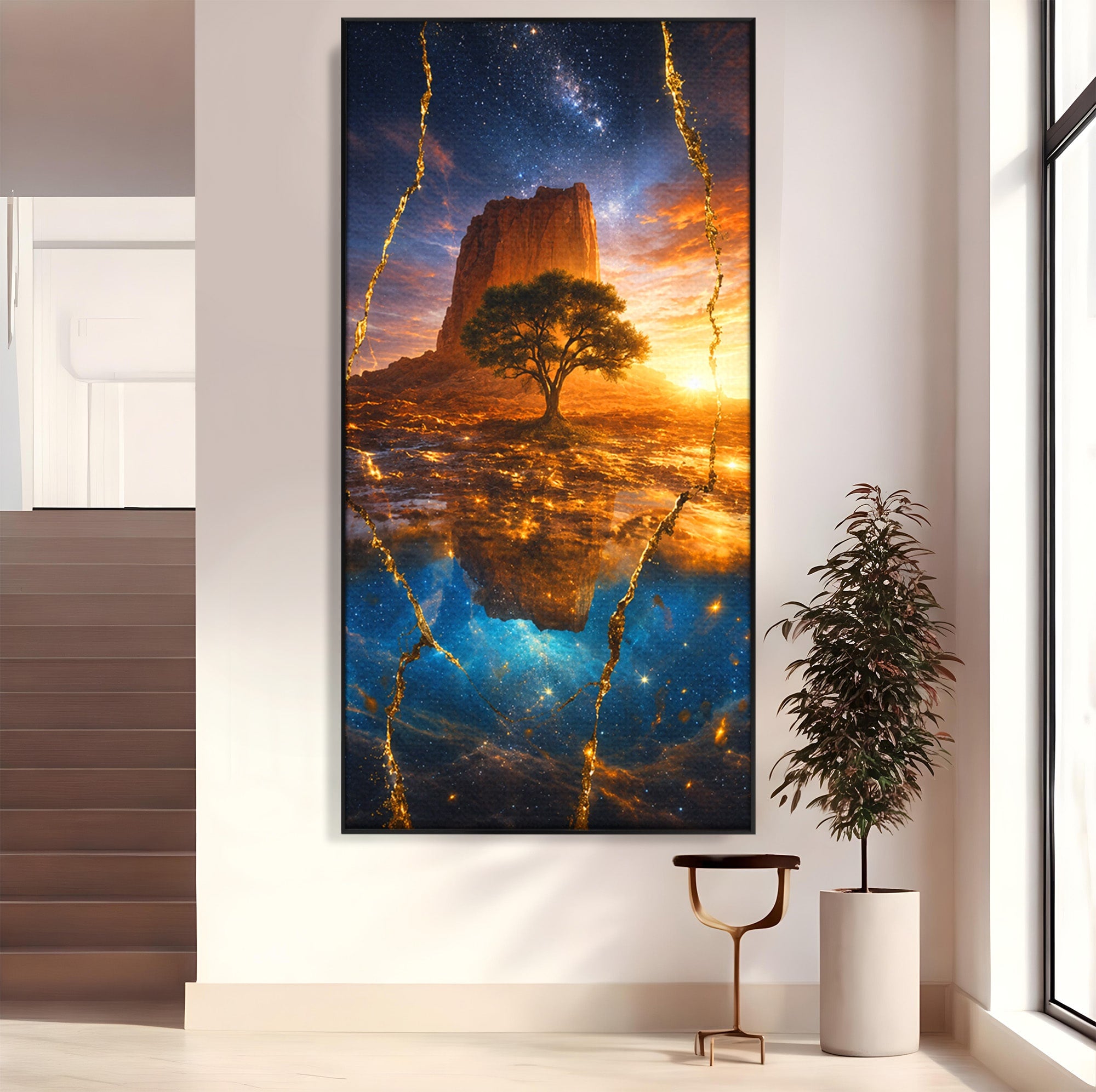 Tablou Canvas Premium LuxCanva® A1682, Copac Singuratic Sub Galaxie, Copac, Galaxie, Peisaj, Natura, Living, Culori Vibrante