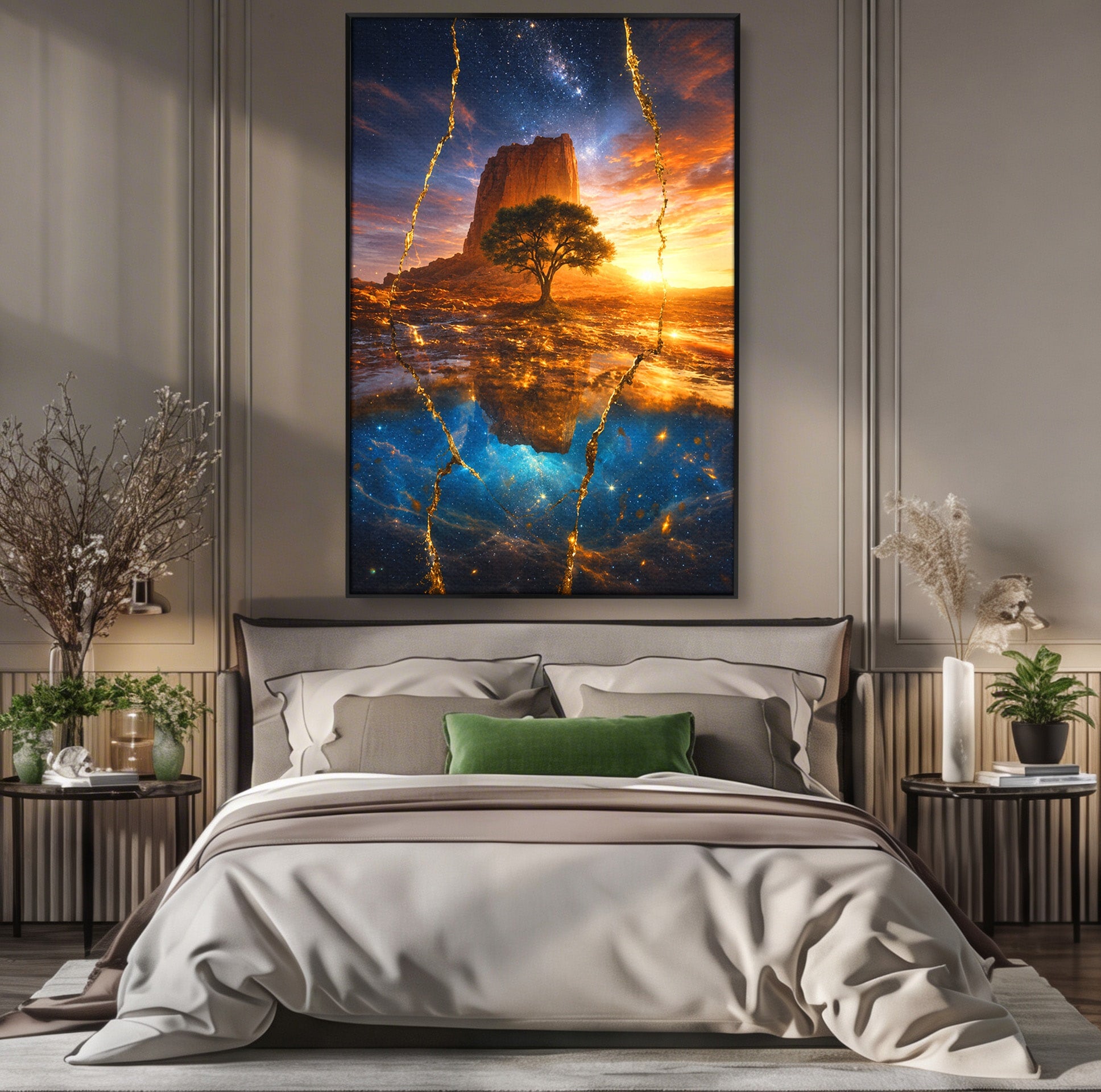 Tablou Canvas Premium LuxCanva® A1682, Copac Singuratic Sub Galaxie, Copac, Galaxie, Peisaj, Natura, Living, Culori Vibrante
