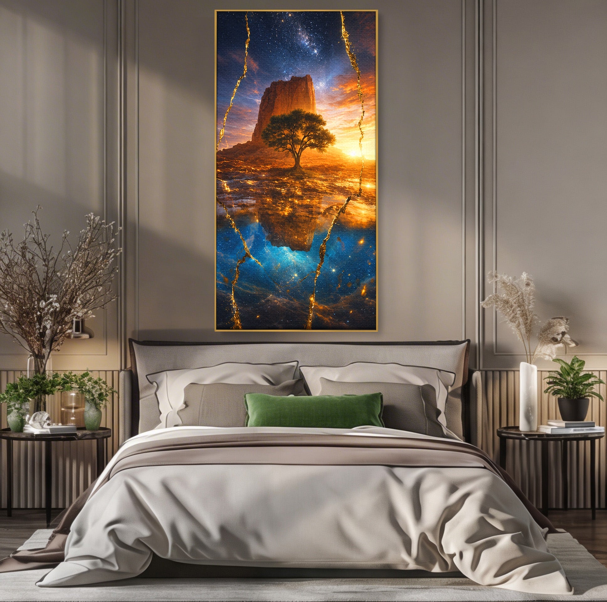 Tablou Canvas Premium LuxCanva® A1682, Copac Singuratic Sub Galaxie, Copac, Galaxie, Peisaj, Natura, Living, Culori Vibrante
