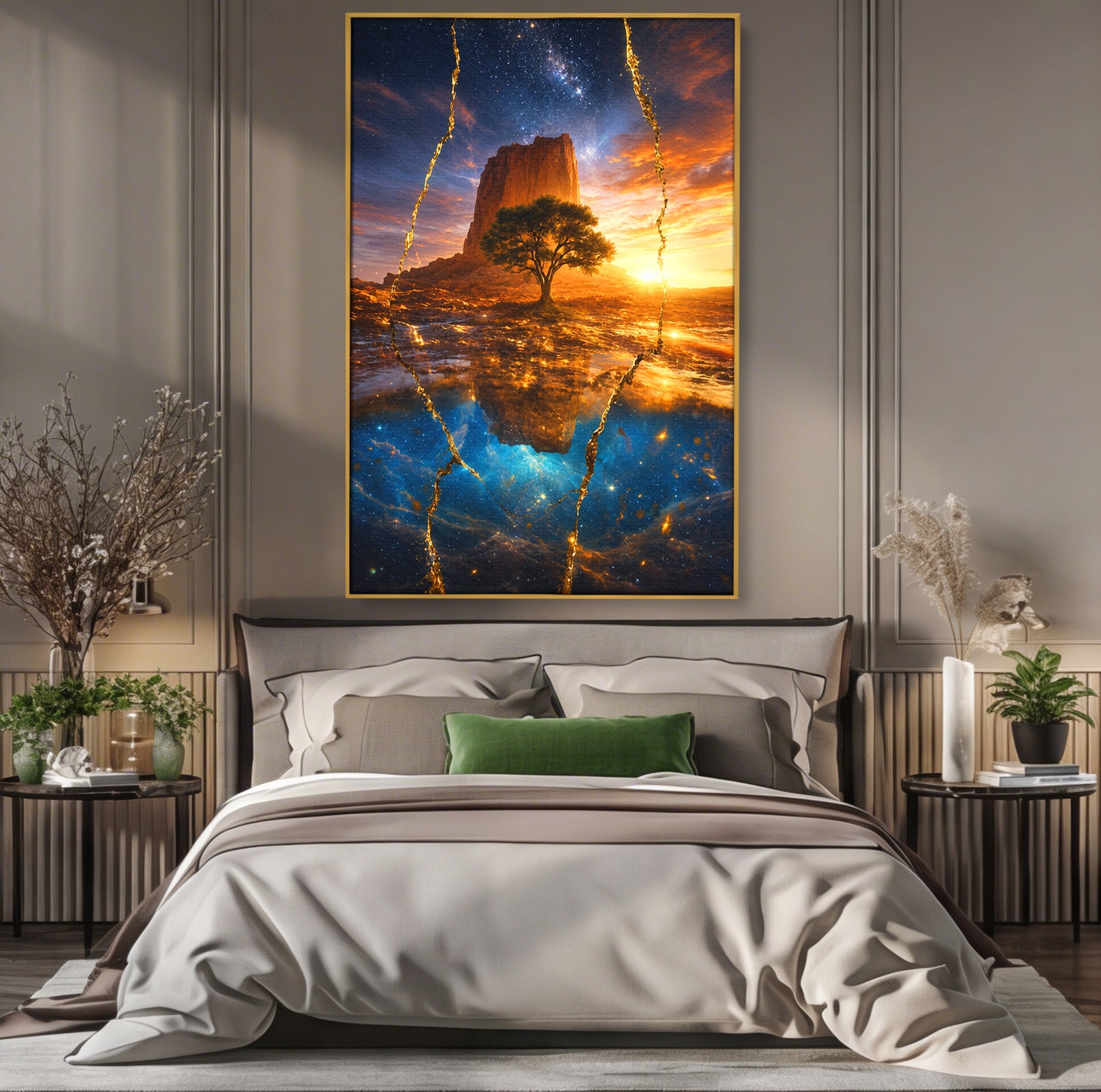 Tablou Canvas Premium LuxCanva® A1682, Copac Singuratic Sub Galaxie, Copac, Galaxie, Peisaj, Natura, Living, Culori Vibrante