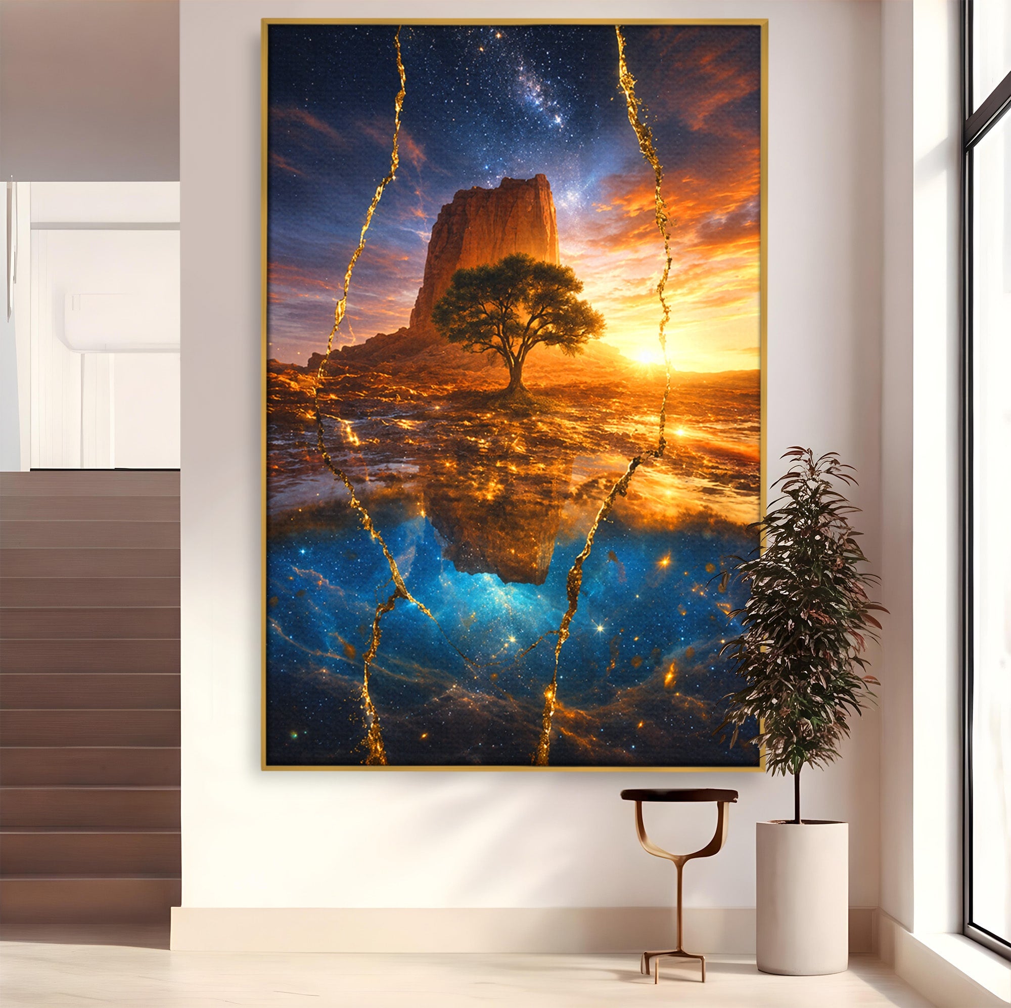 Tablou Canvas Premium LuxCanva® A1682, Copac Singuratic Sub Galaxie, Copac, Galaxie, Peisaj, Natura, Living, Culori Vibrante