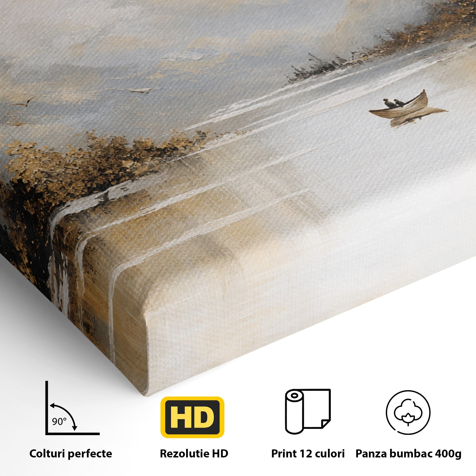 Tablou Canvas Premium LuxCanva® A1683, Peisaj Montan Cu Barca, Peisaj, Munti, Barca, Natura, Lac, Living, Culori Vibrante