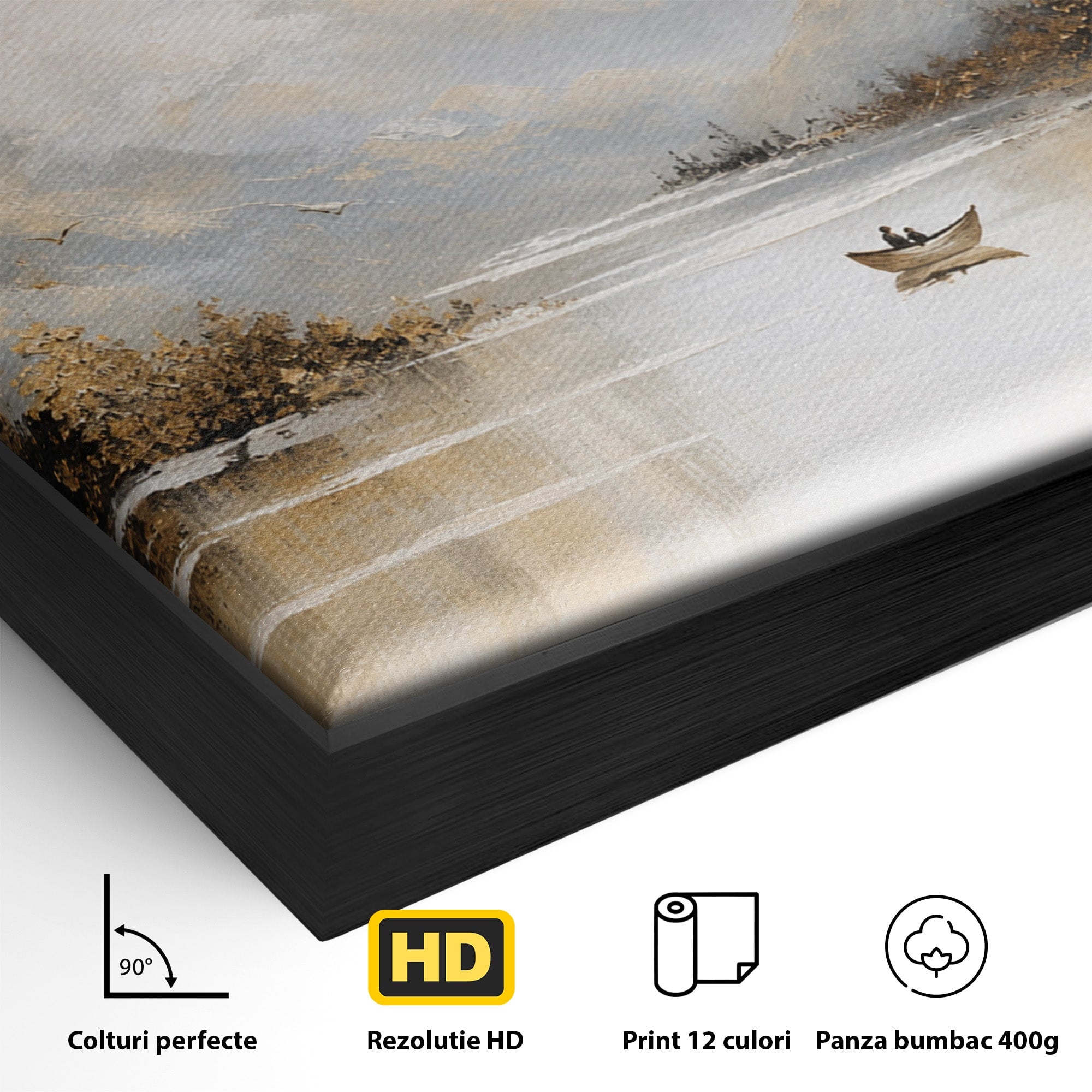 Tablou Canvas Premium LuxCanva® A1683, Peisaj Montan Cu Barca, Peisaj, Munti, Barca, Natura, Lac, Living, Culori Vibrante