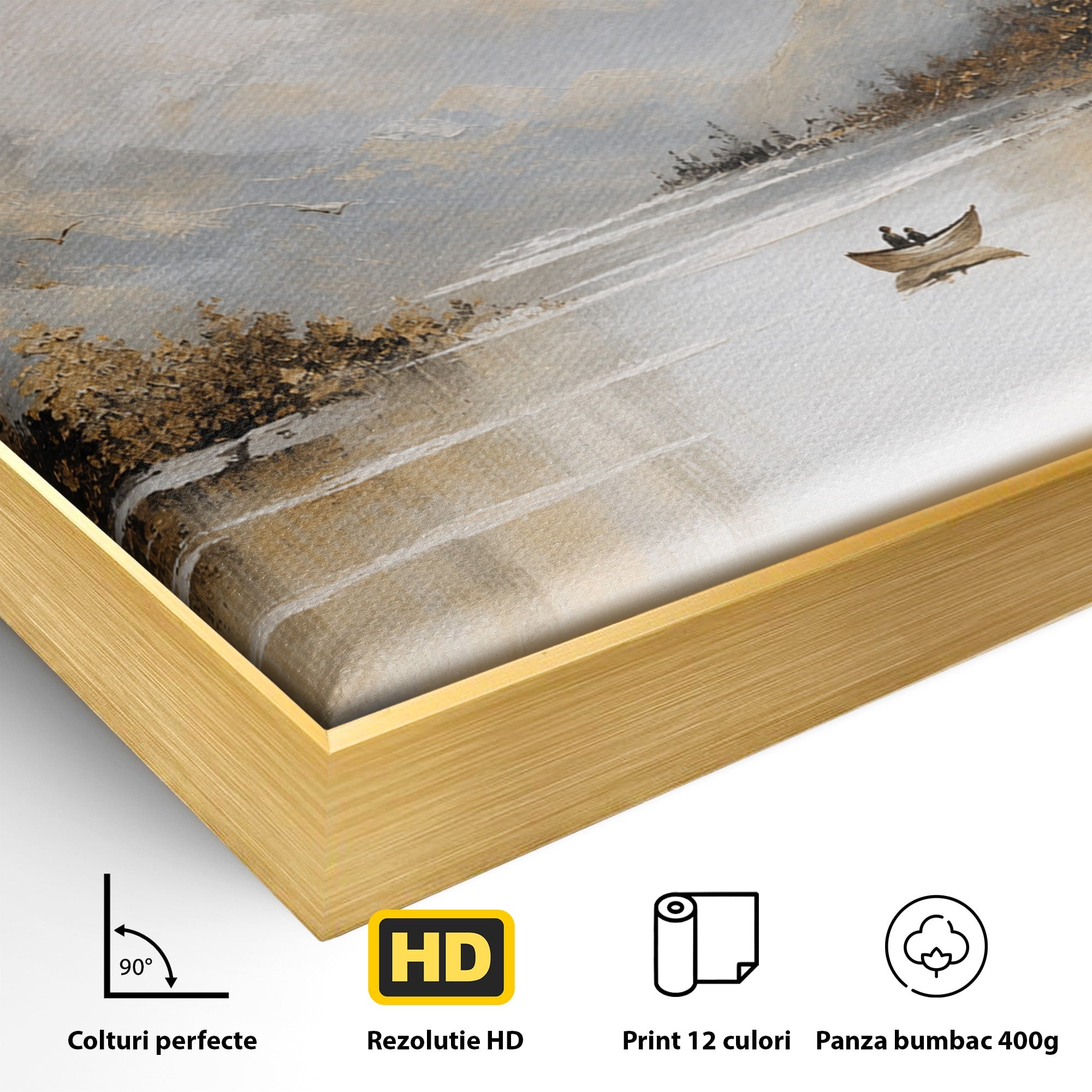Tablou Canvas Premium LuxCanva® A1683, Peisaj Montan Cu Barca, Peisaj, Munti, Barca, Natura, Lac, Living, Culori Vibrante