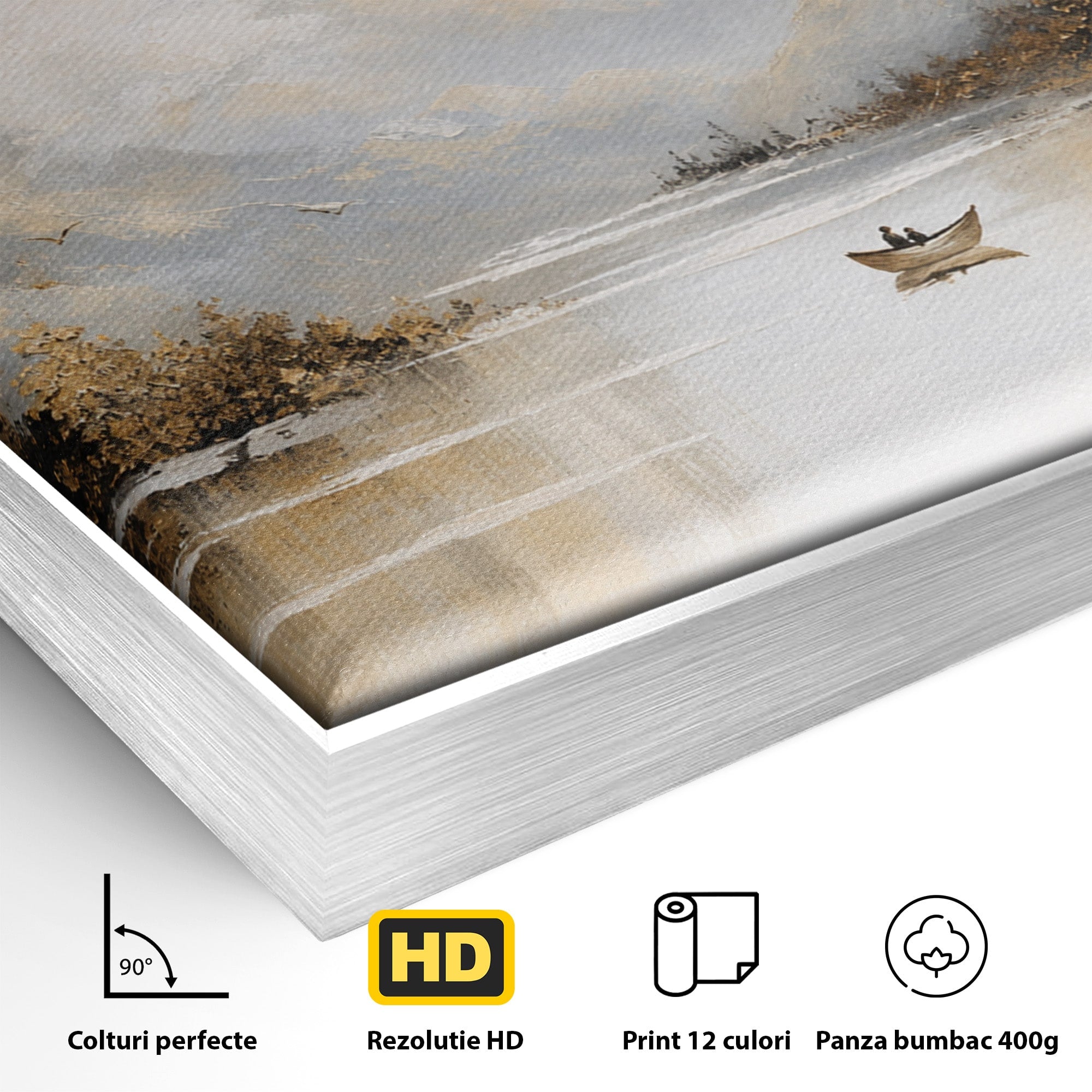 Tablou Canvas Premium LuxCanva® A1683, Peisaj Montan Cu Barca, Peisaj, Munti, Barca, Natura, Lac, Living, Culori Vibrante
