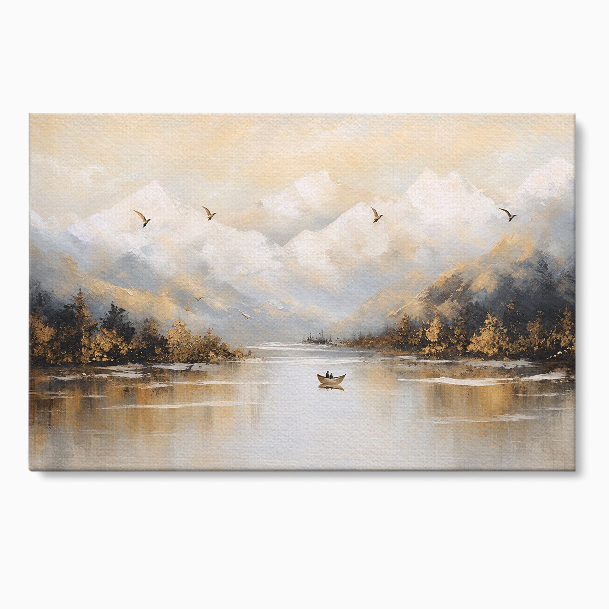 Tablou Canvas Premium LuxCanva® A1683, Peisaj Montan Cu Barca, Peisaj, Munti, Barca, Natura, Lac, Living, Culori Vibrante