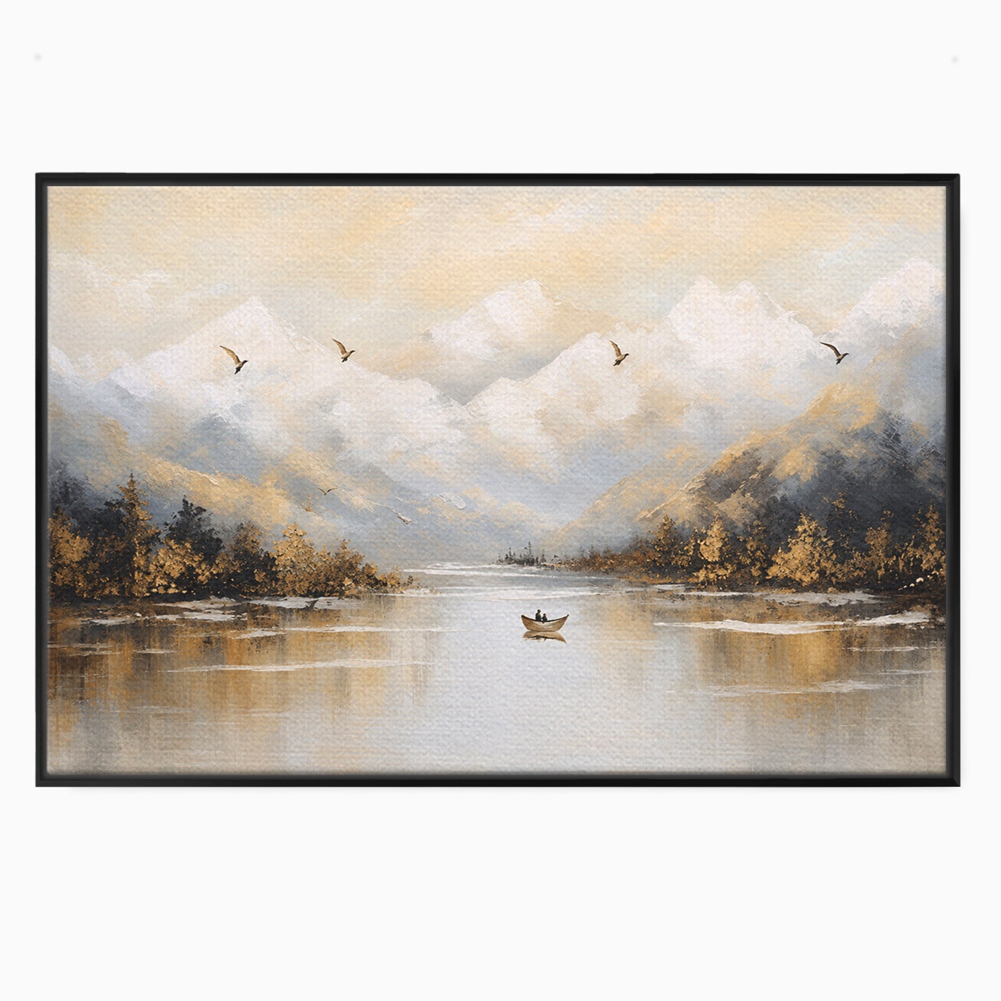 Tablou Canvas Premium LuxCanva® A1683, Peisaj Montan Cu Barca, Peisaj, Munti, Barca, Natura, Lac, Living, Culori Vibrante