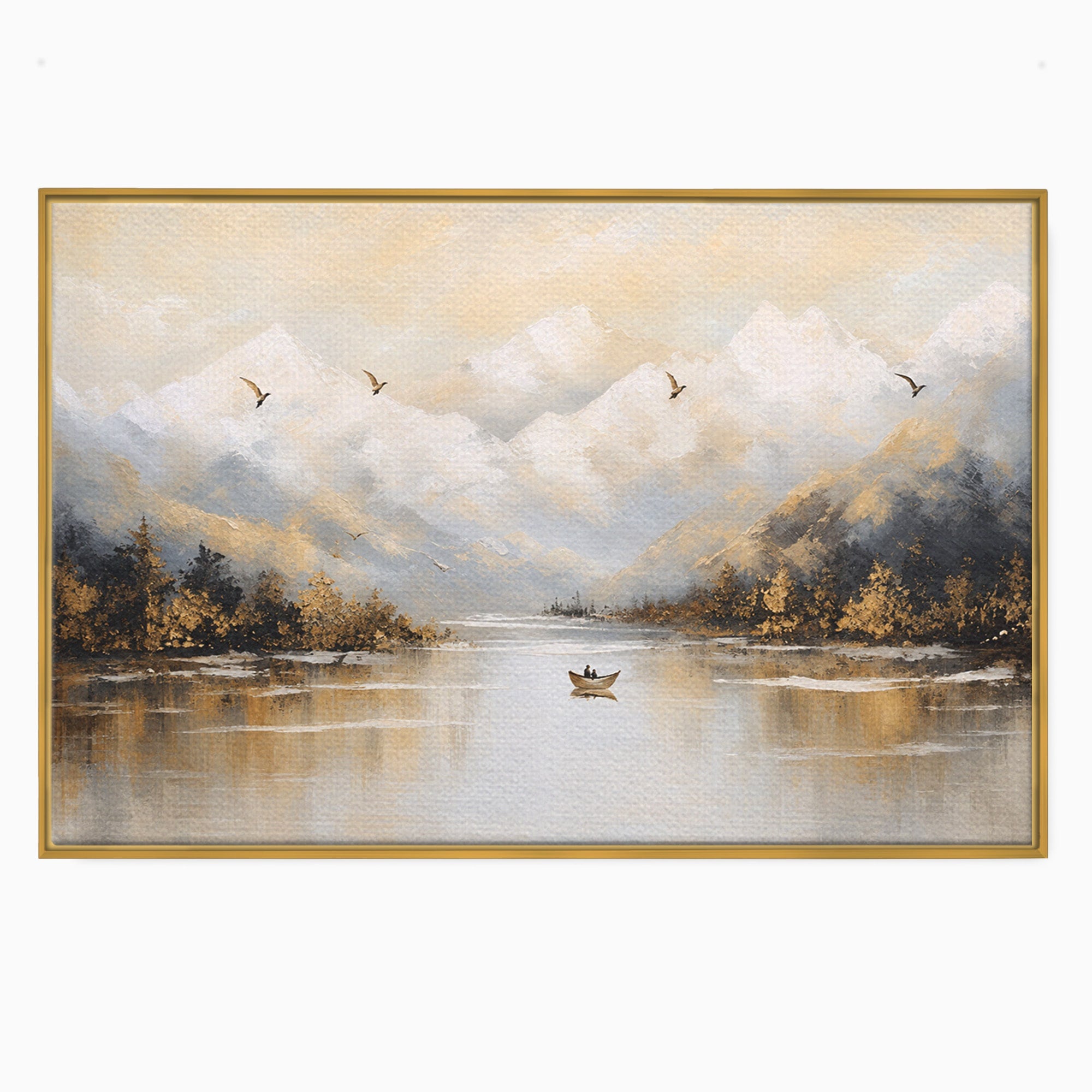 Tablou Canvas Premium LuxCanva® A1683, Peisaj Montan Cu Barca, Peisaj, Munti, Barca, Natura, Lac, Living, Culori Vibrante