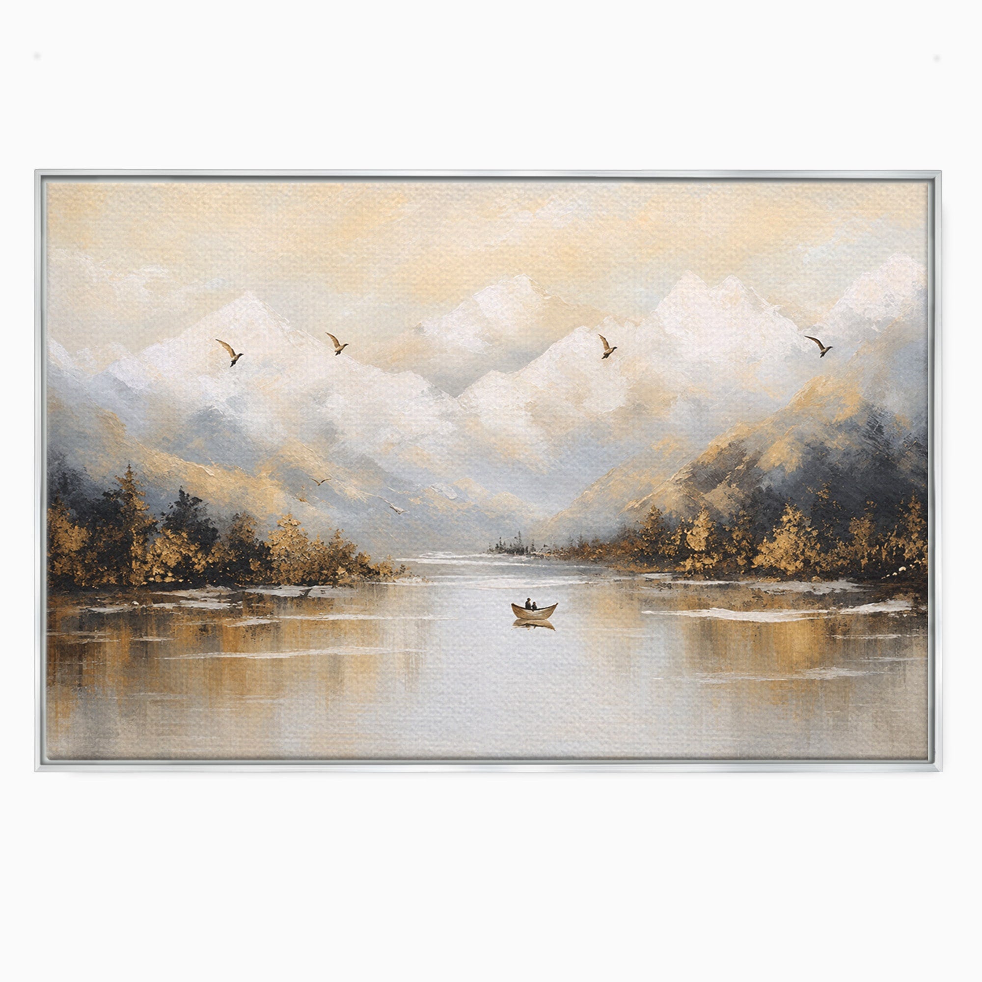 Tablou Canvas Premium LuxCanva® A1683, Peisaj Montan Cu Barca, Peisaj, Munti, Barca, Natura, Lac, Living, Culori Vibrante