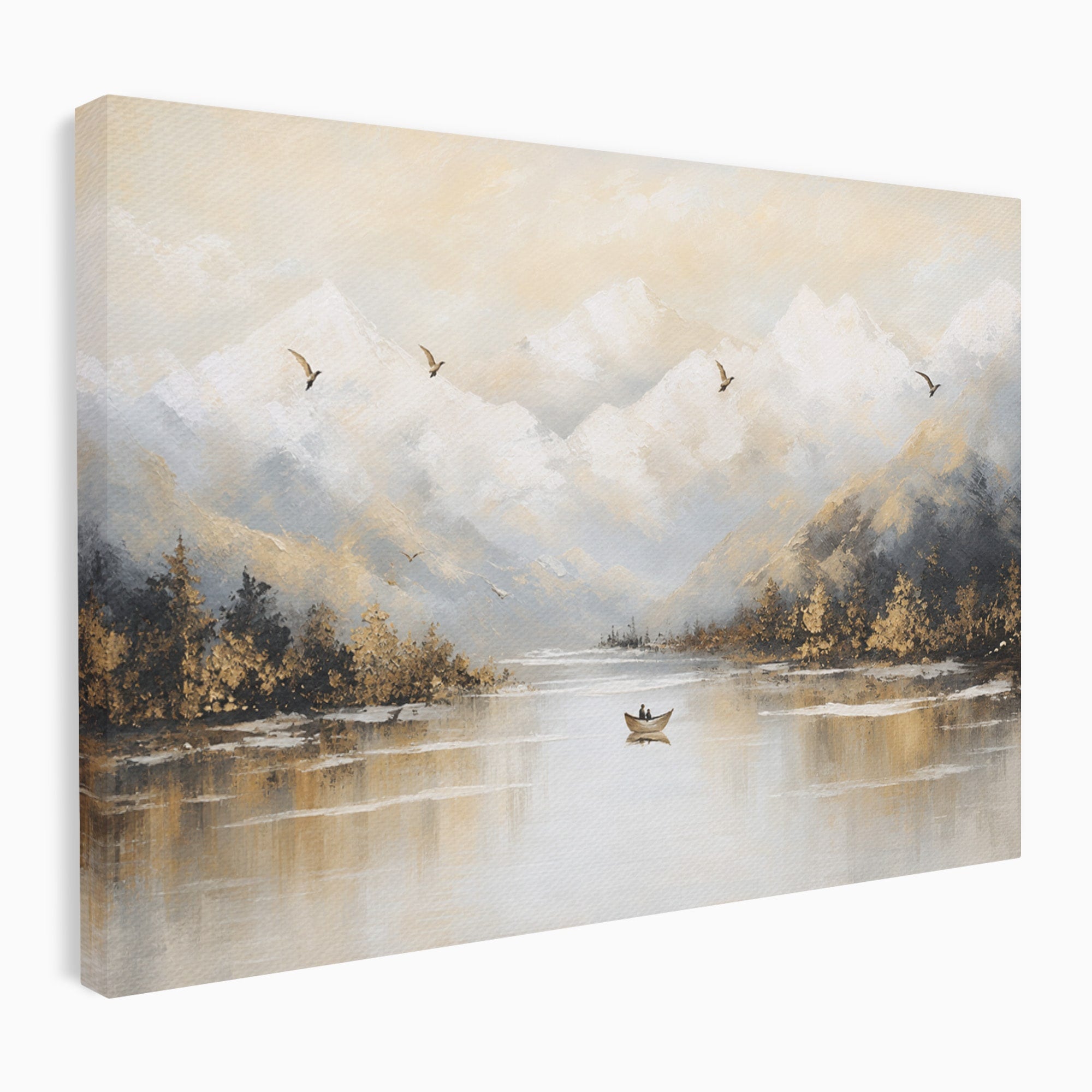 Tablou Canvas Premium LuxCanva® A1683, Peisaj Montan Cu Barca, Peisaj, Munti, Barca, Natura, Lac, Living, Culori Vibrante